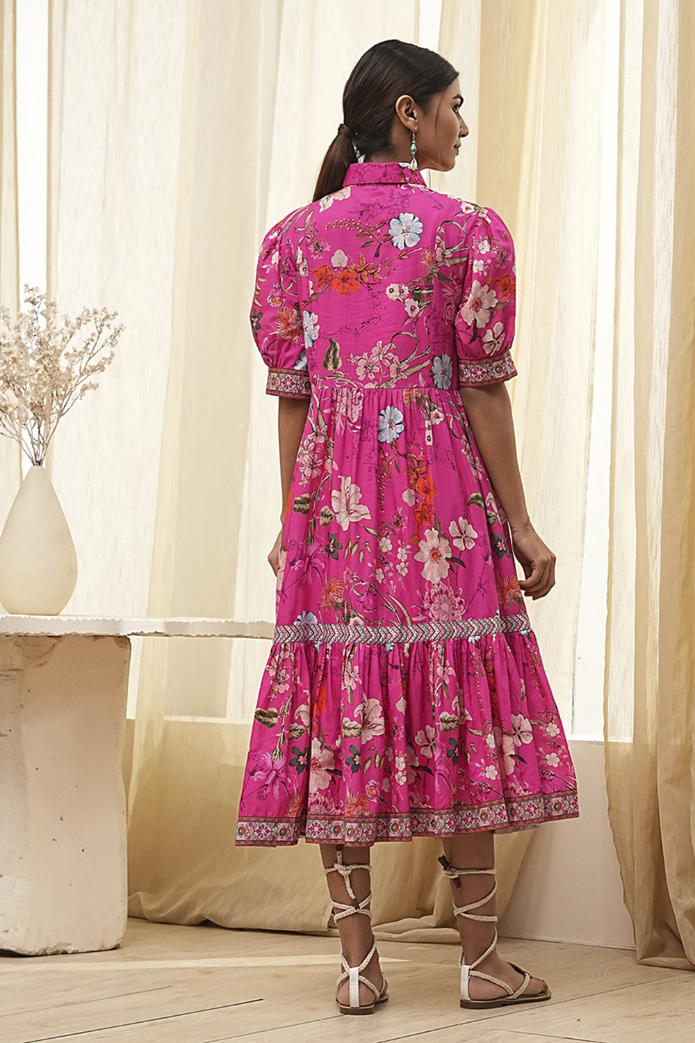 Pink Cotton Floral Printed Tiered Dress image number 3