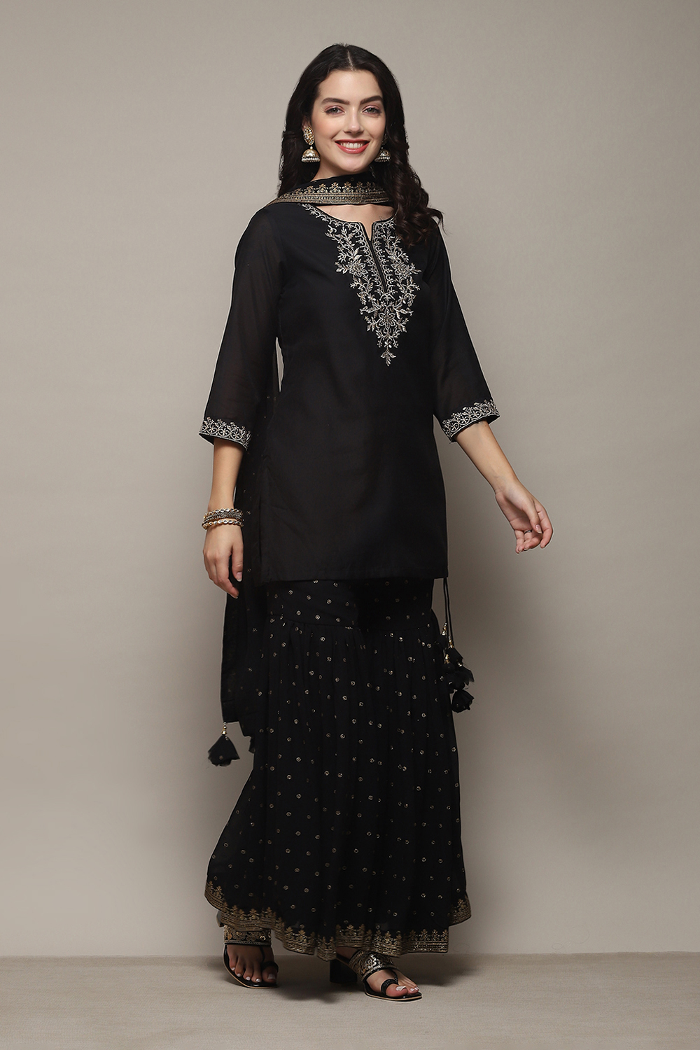 Black Poly Cotton Straight Kurta Garara Suit Set image number 6