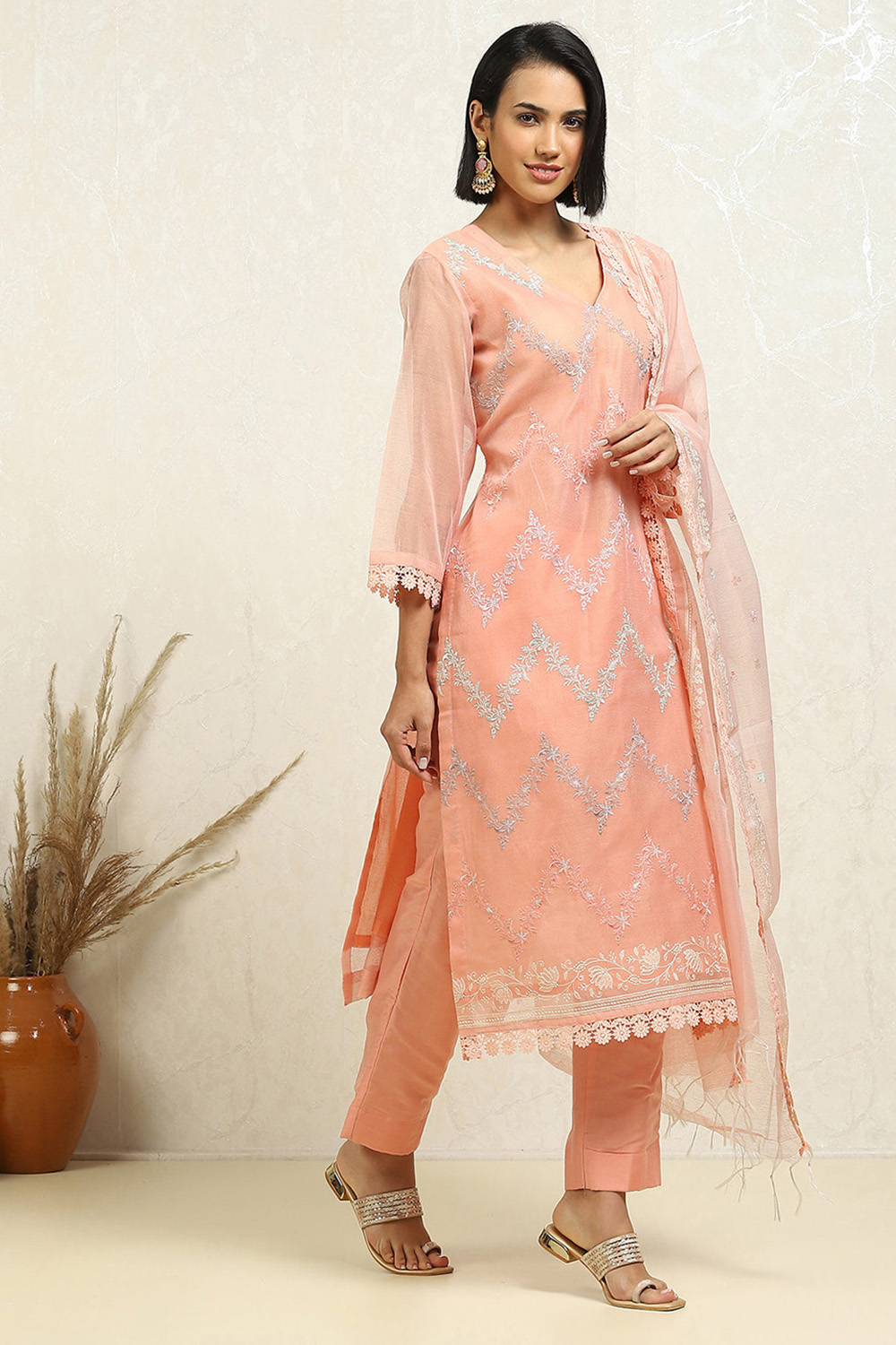 Peach-Coloured Floral Embroidered Unstitched Suit Set image number 6