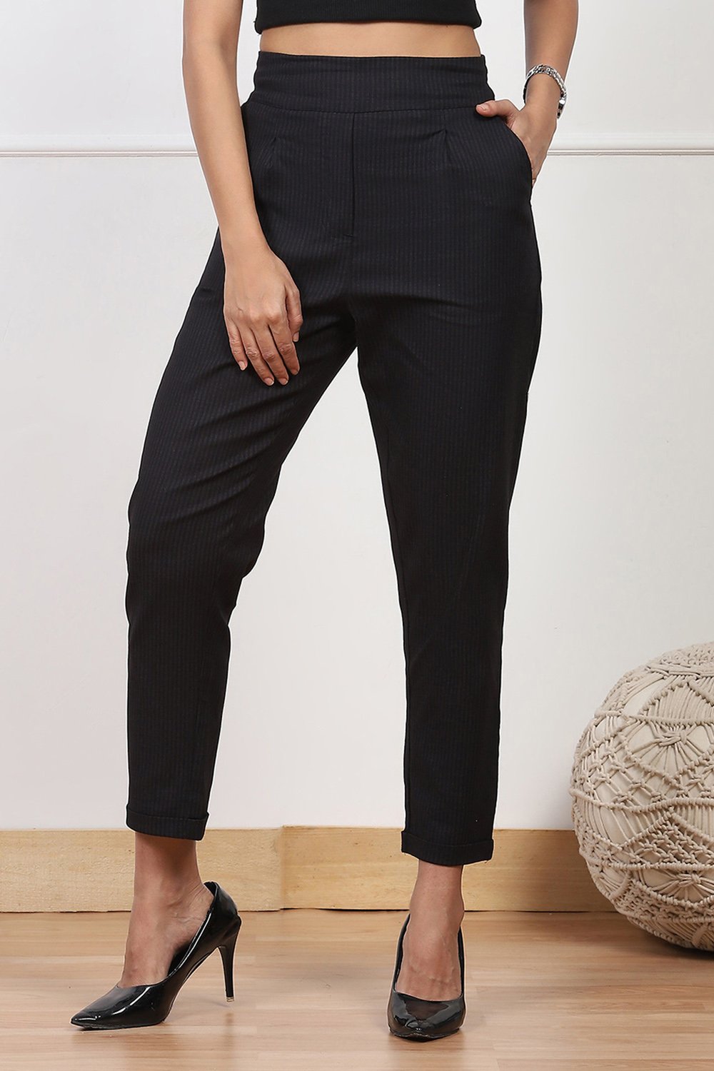 Black Striped Tapered Relaxed Fit Pants image number 4