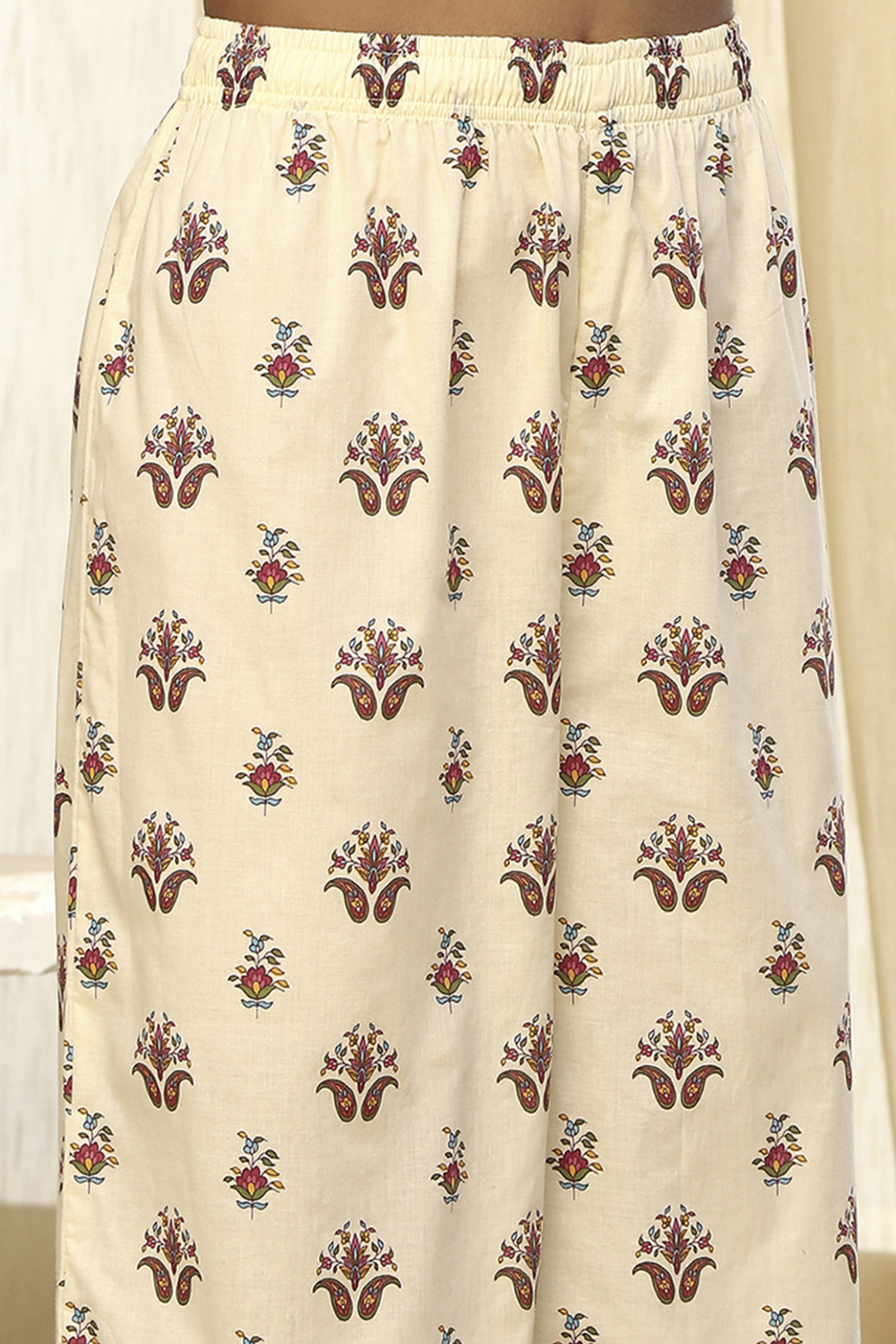 Beige Pure Cotton Printed Straight Suit Set image number 2