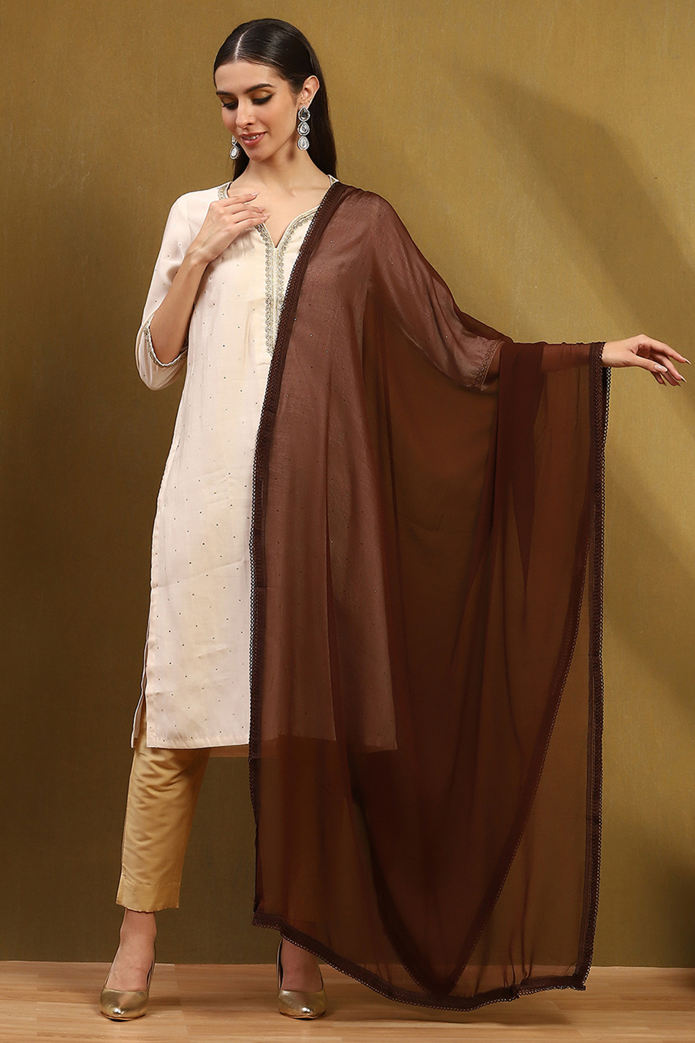 Brown Polyester Dupatta image number 4