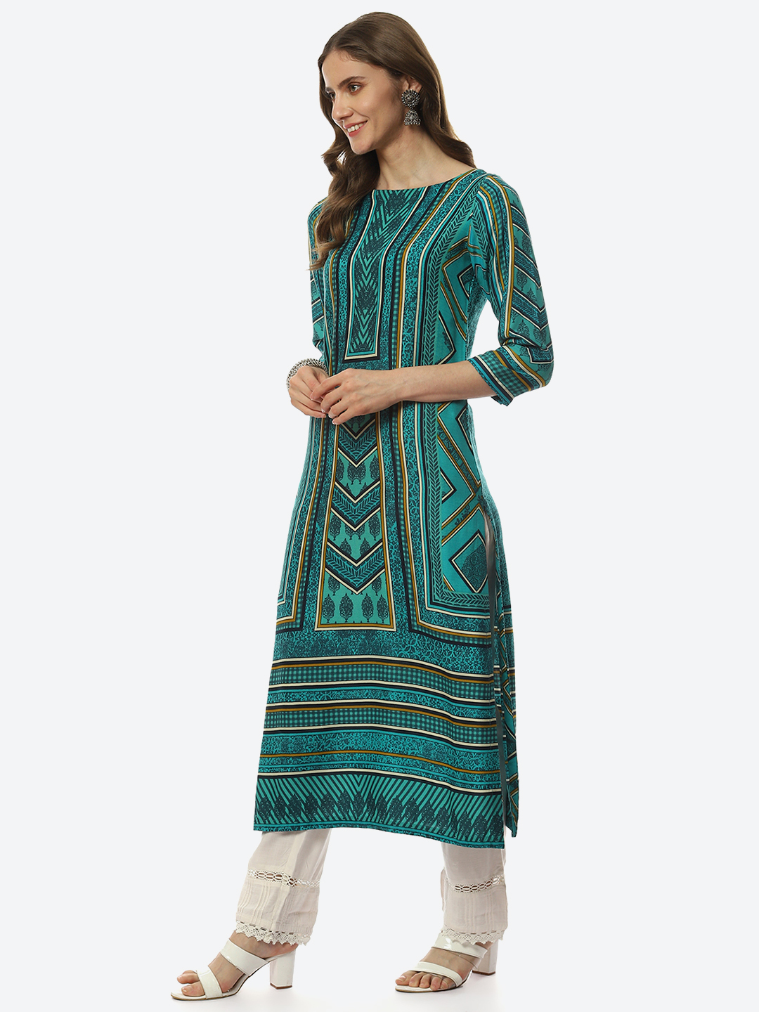 Green & Turquoise Rayon Straight Printed Kurta image number 2