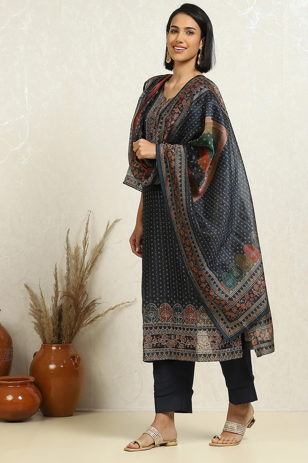 Blue Chanderi Floral Printed Unstitched Suit Set image number 4