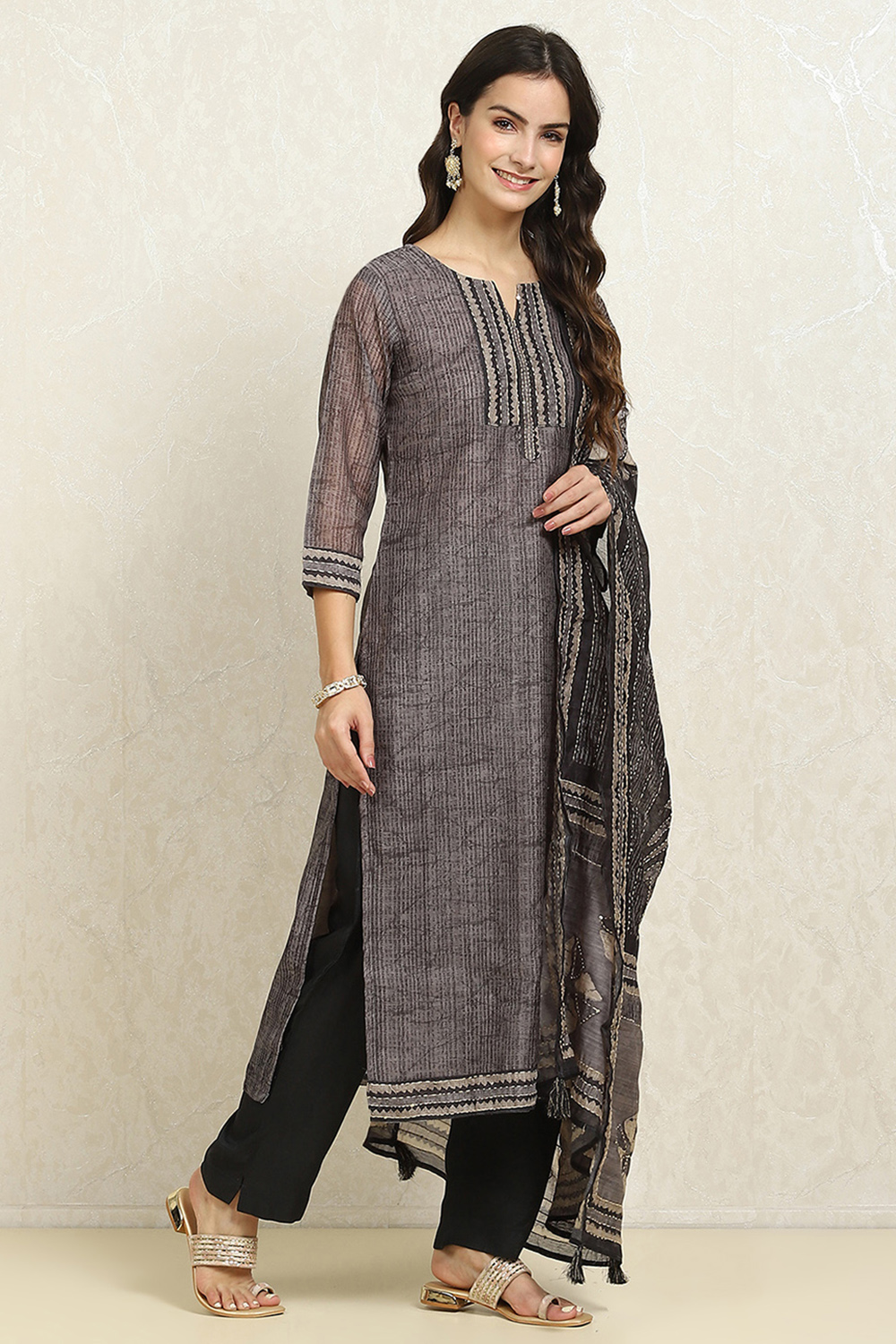 Grey Chanderi Blend Hand Embroidered Unstitched Suit Set image number 6