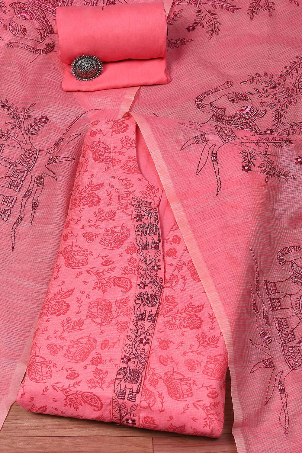 Pink Cotton Blend Unstitched Suit set image number 0