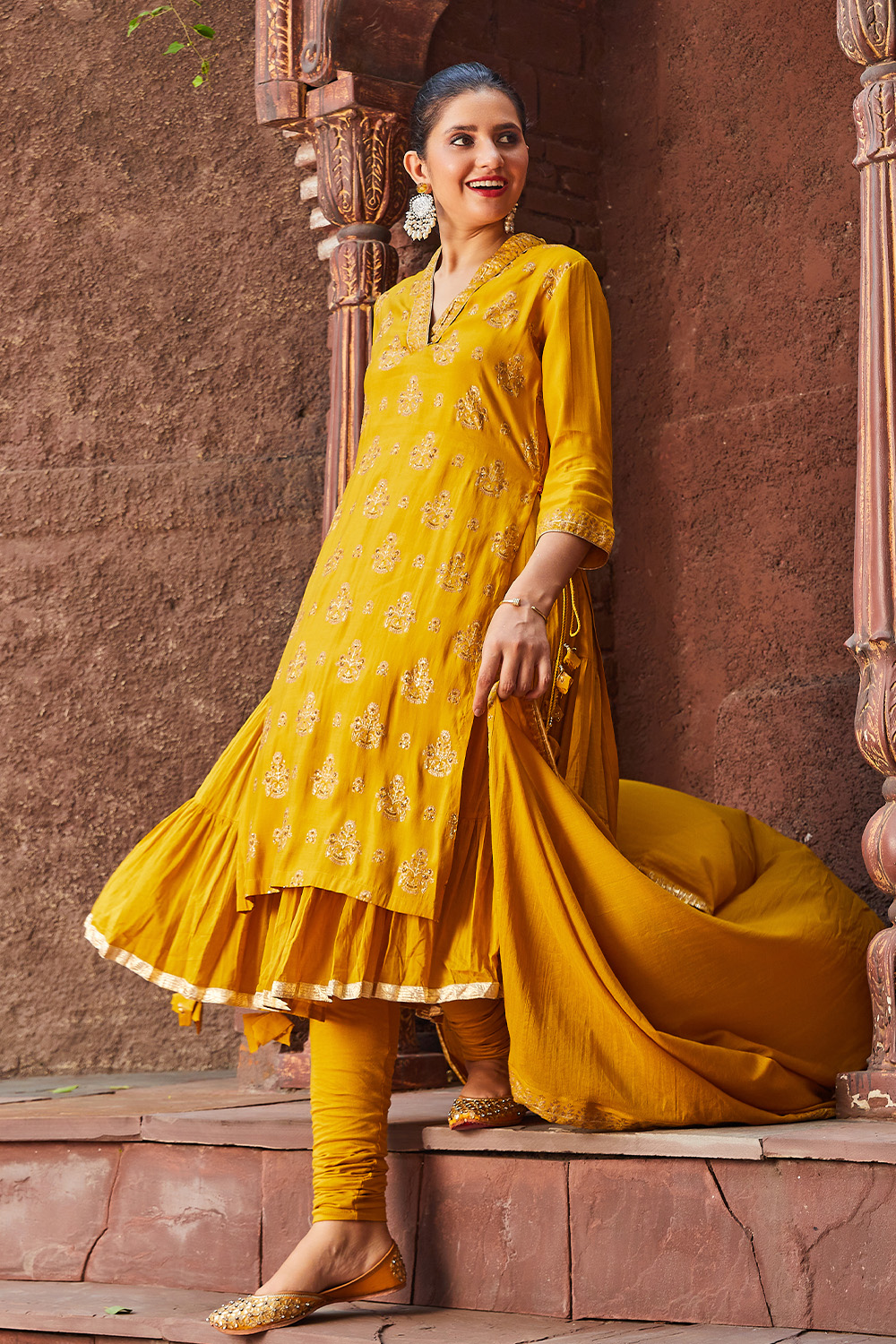 Lime Yellow Silk Layered Kurta Churidar Suit Set at Biba India