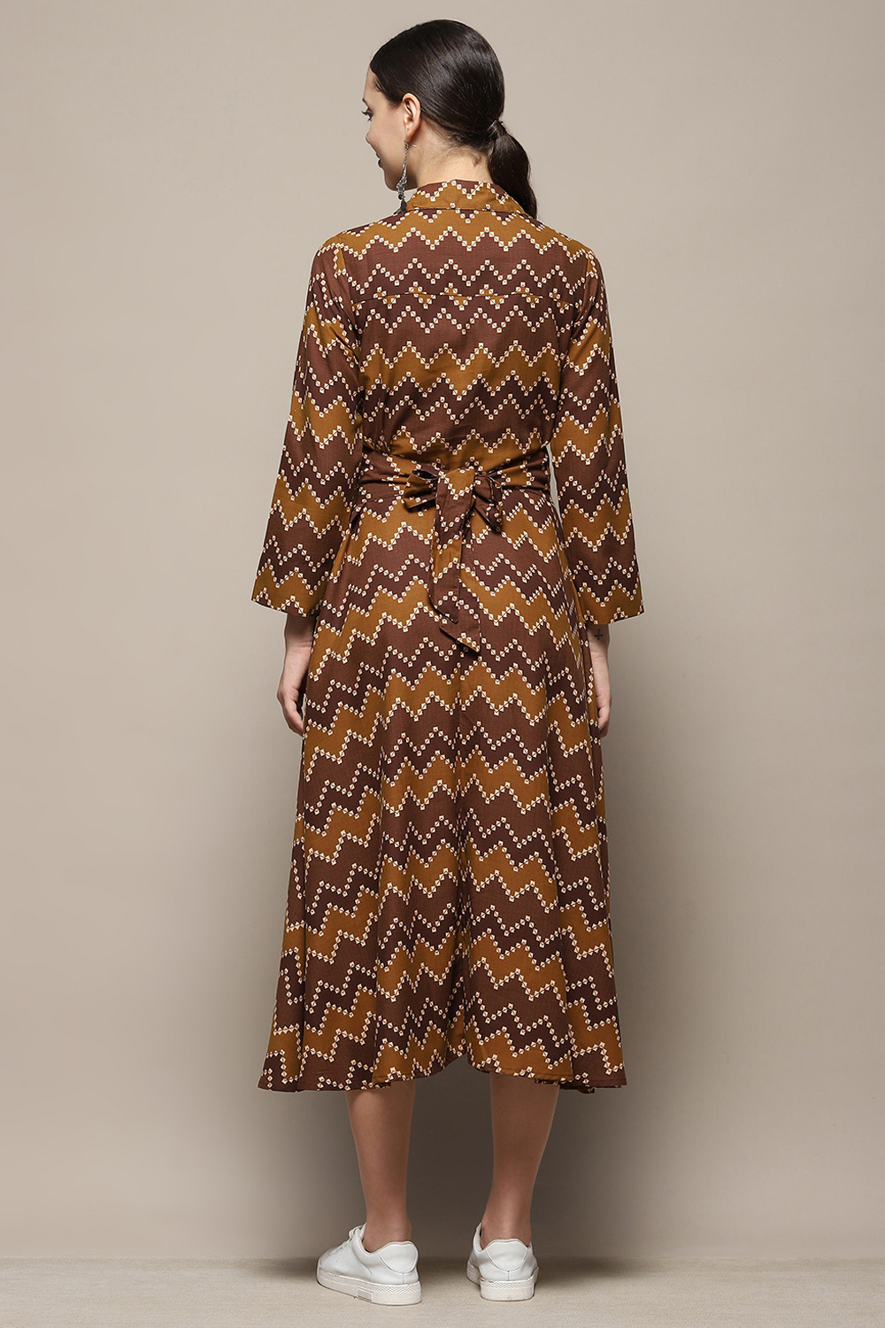 Brown Chevron Block Printed Shirt-Style A-line Dress image number 3