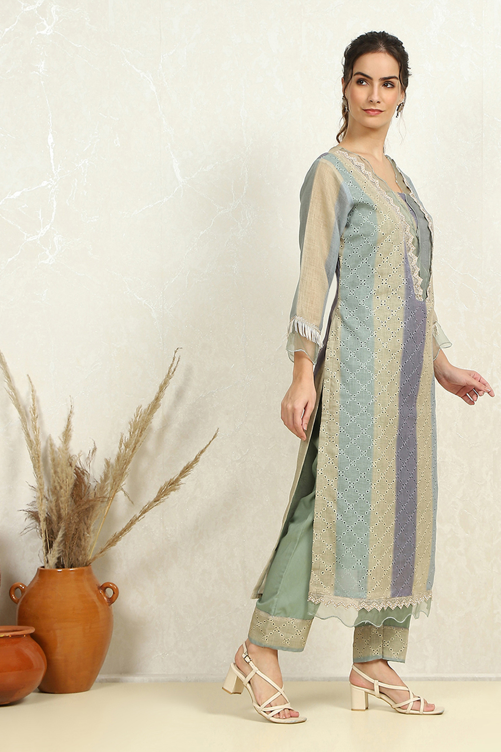 Green Cotton Blend Schiffly Unstitched Suit Set image number 3