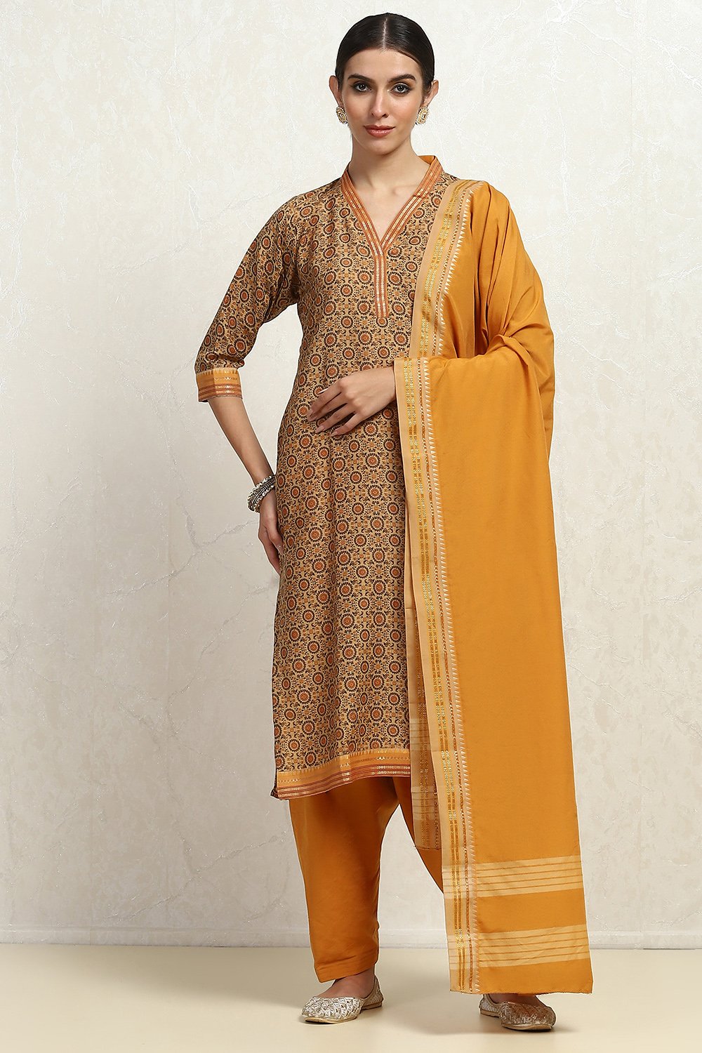 Blue and Beige Cotton Handloom Unstitched Suit Set image number 7