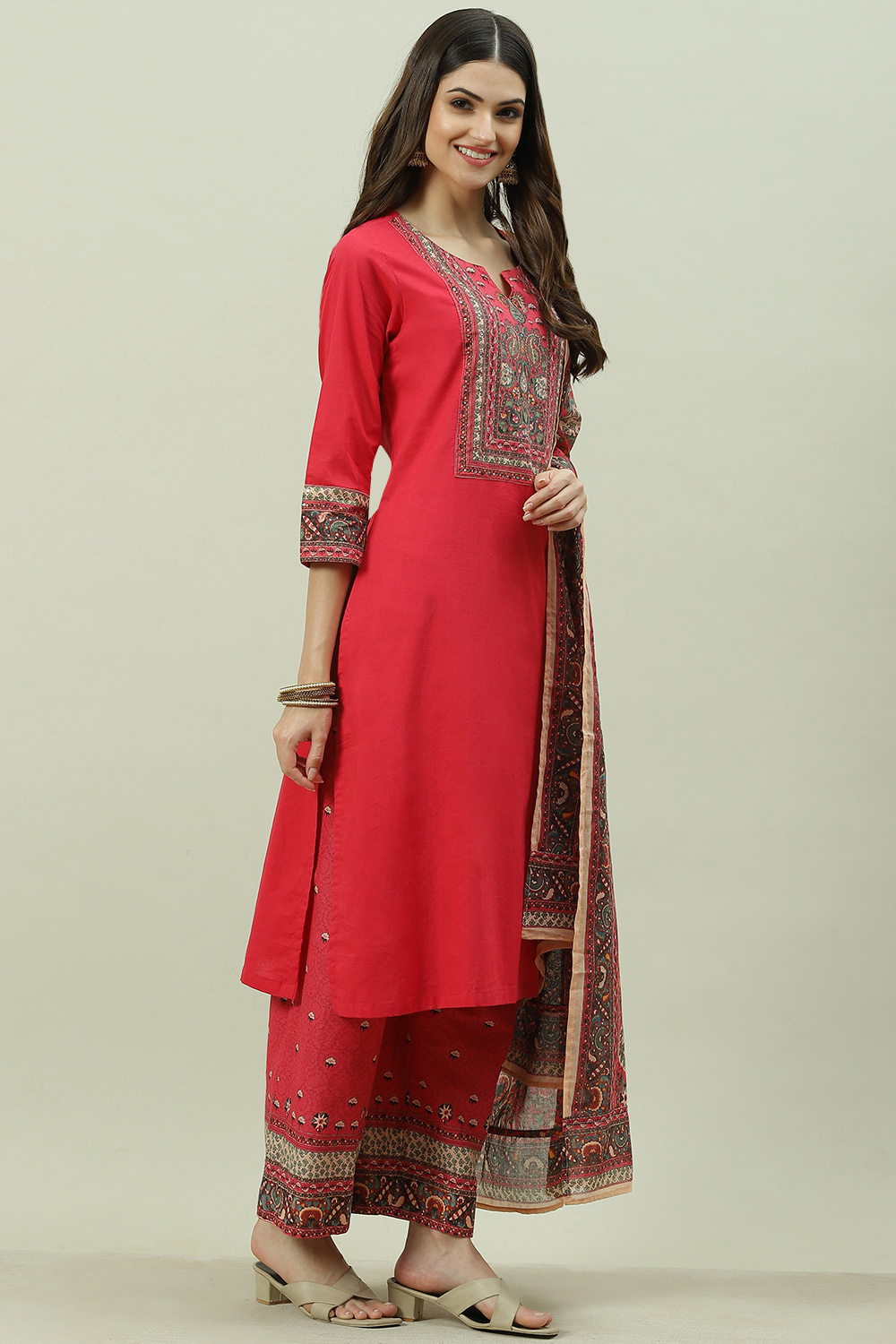 Red Cotton Straight Kurta Palazzo Suit Set image number 6