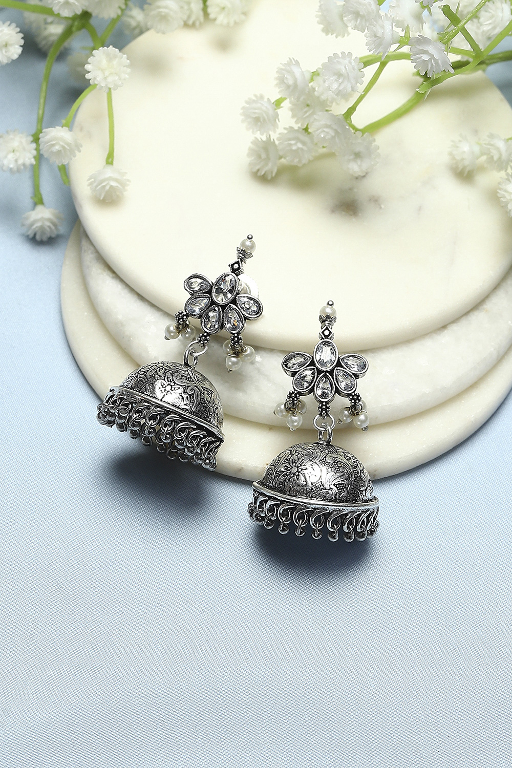 White Oxidised Stone Studded Dome Shaped Jhumkas image number 0