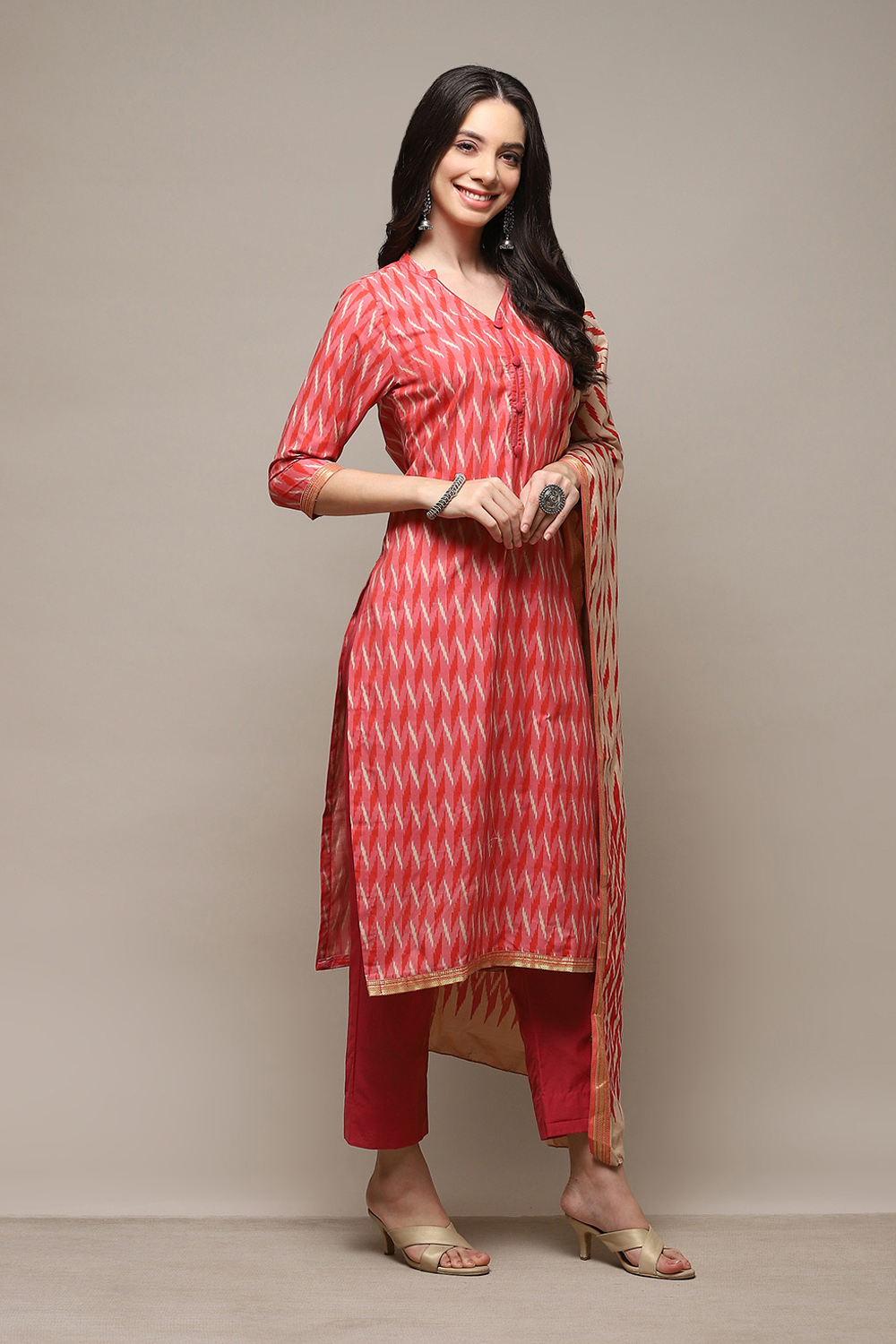 Pink Cotton Handloom Unstitched Suit Set image number 7