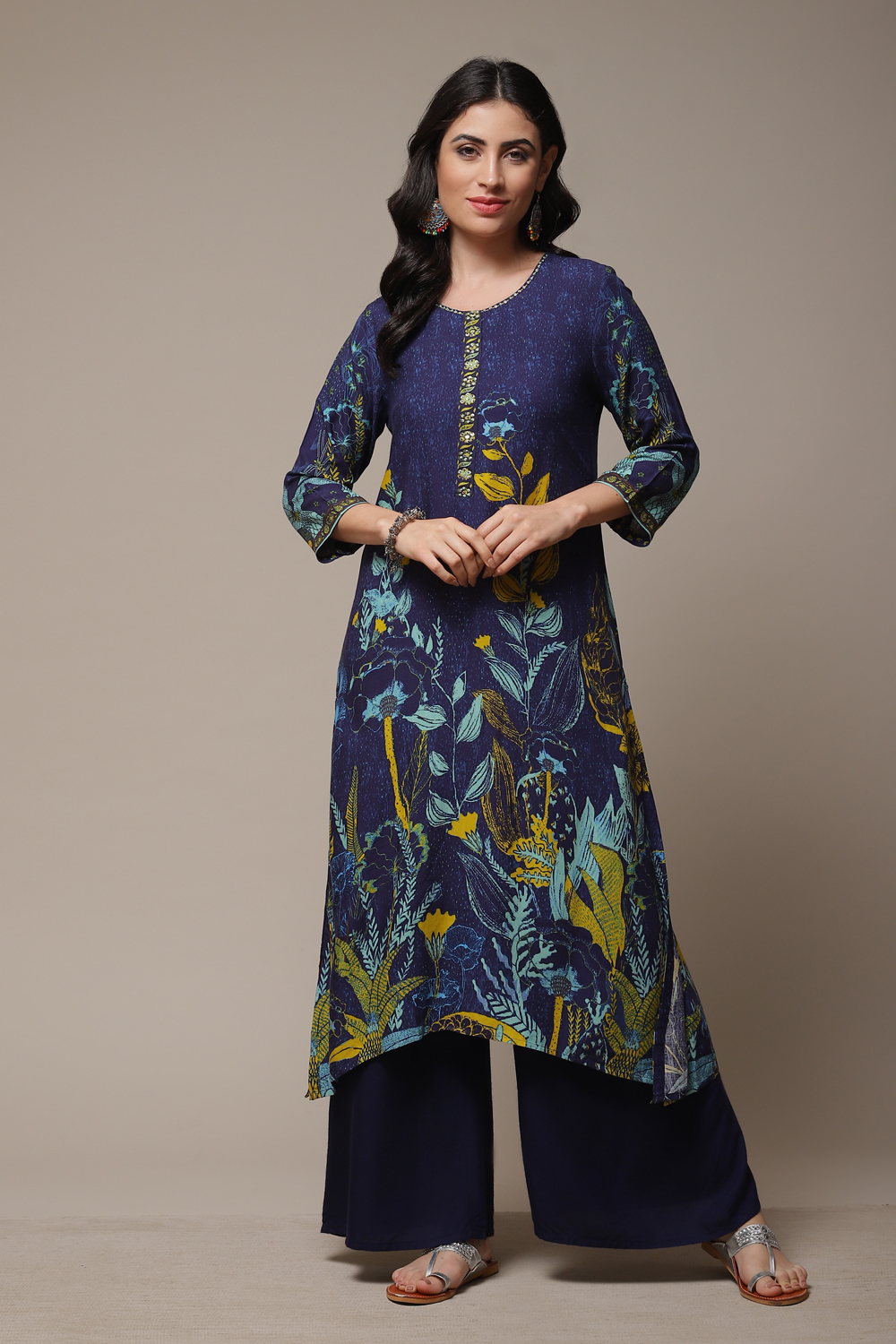 Navy Rayon Straight Printed Kurta