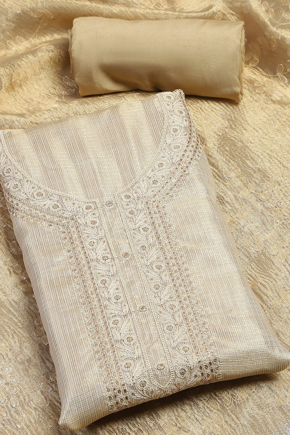 Beige Cotton Machine Embroidered Unstitched Suit Set image number 1