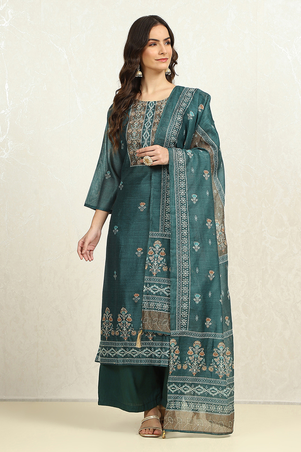 Teal Chanderi Katha Work Unstitched Suit Set image number 7