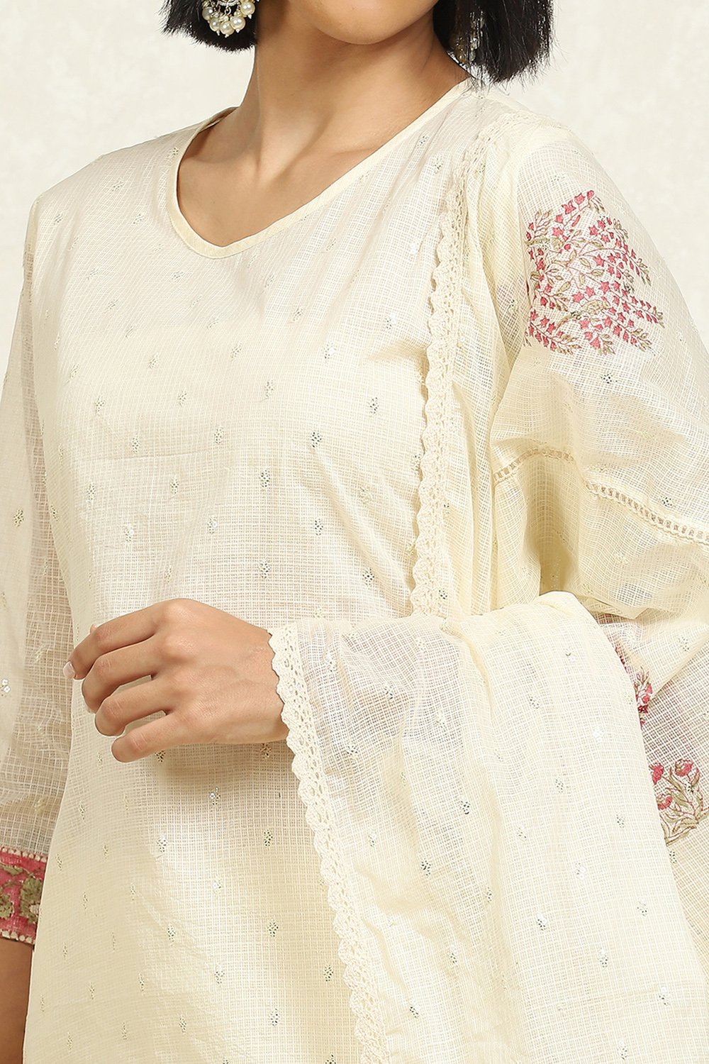 White Cotton Blend Hand Block Print Unstitched Suit Set image number 2