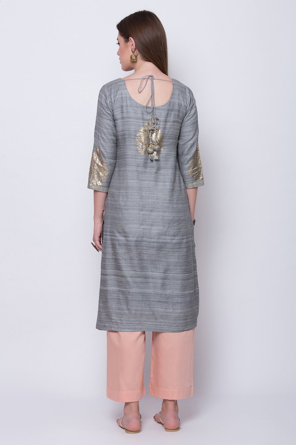 Grey Silk Straight Kurta Palazzo Suit Set image number 5