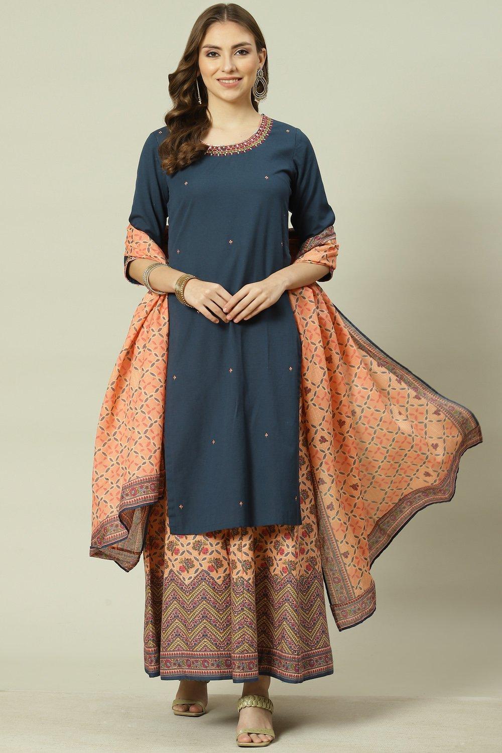 Blue Solid Cotton Straight Kurta Sharara Suit Set image number 6