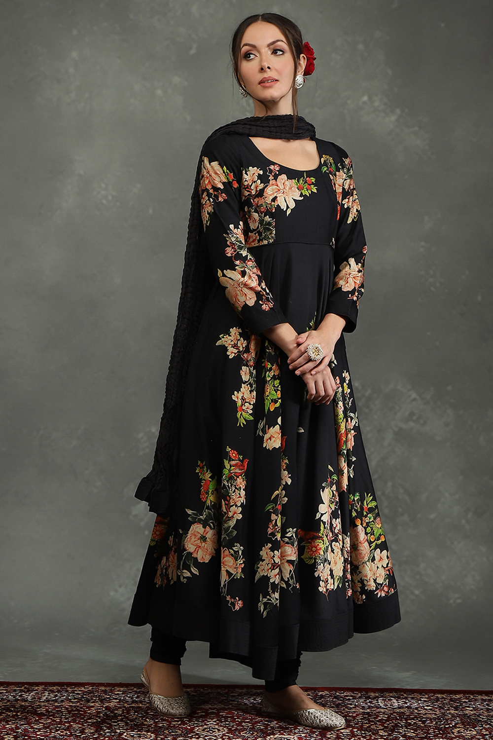 Rohit Bal Black Silk Chanderi Floral Printed Anarkali Suit Set image number 5