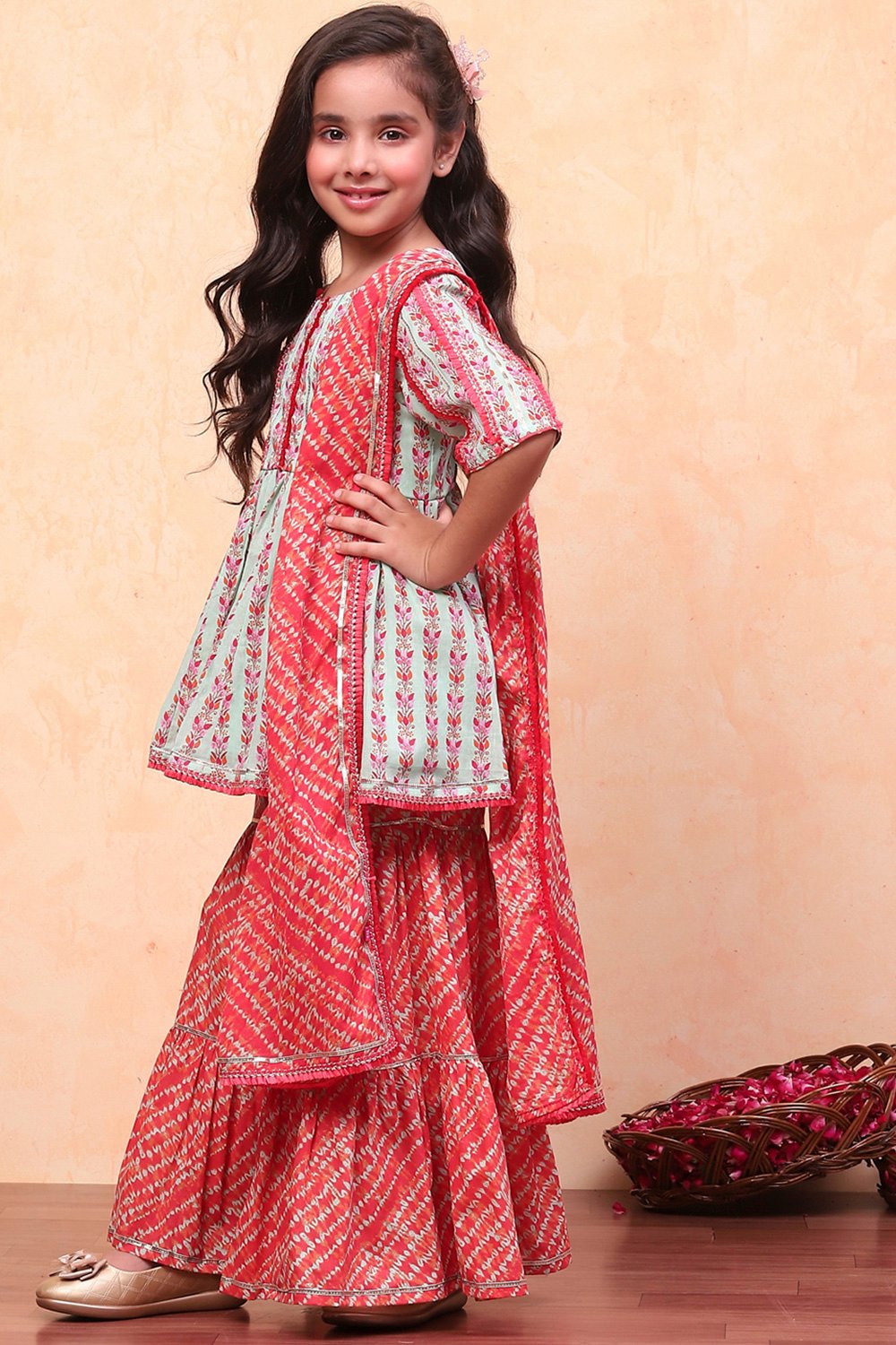 Aqua and Coral Pure Cotton Printed Peplum Suit Set image number 4