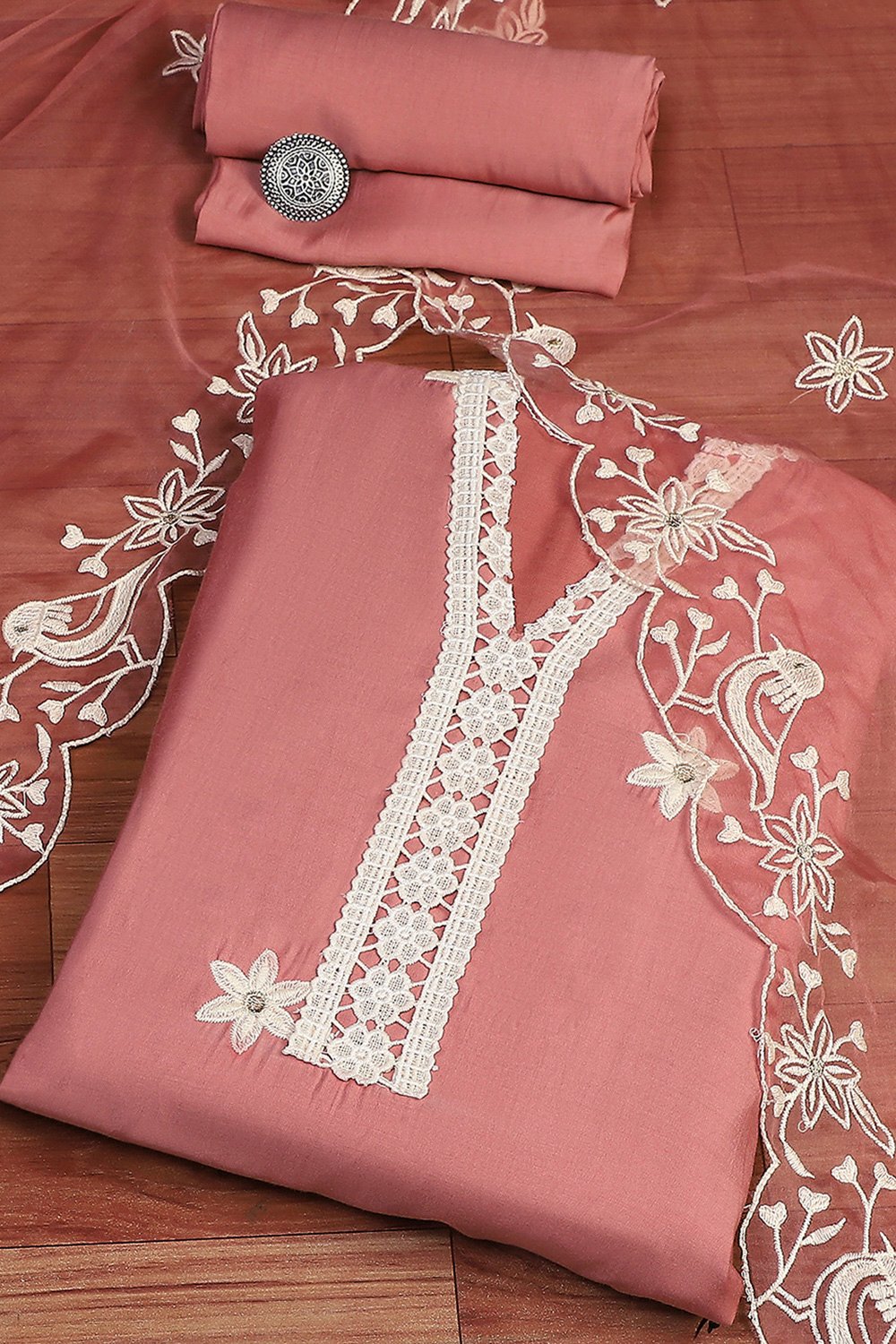 Peach-Pink Modal Machine Embroidered Unstitched Suit Set image number 0