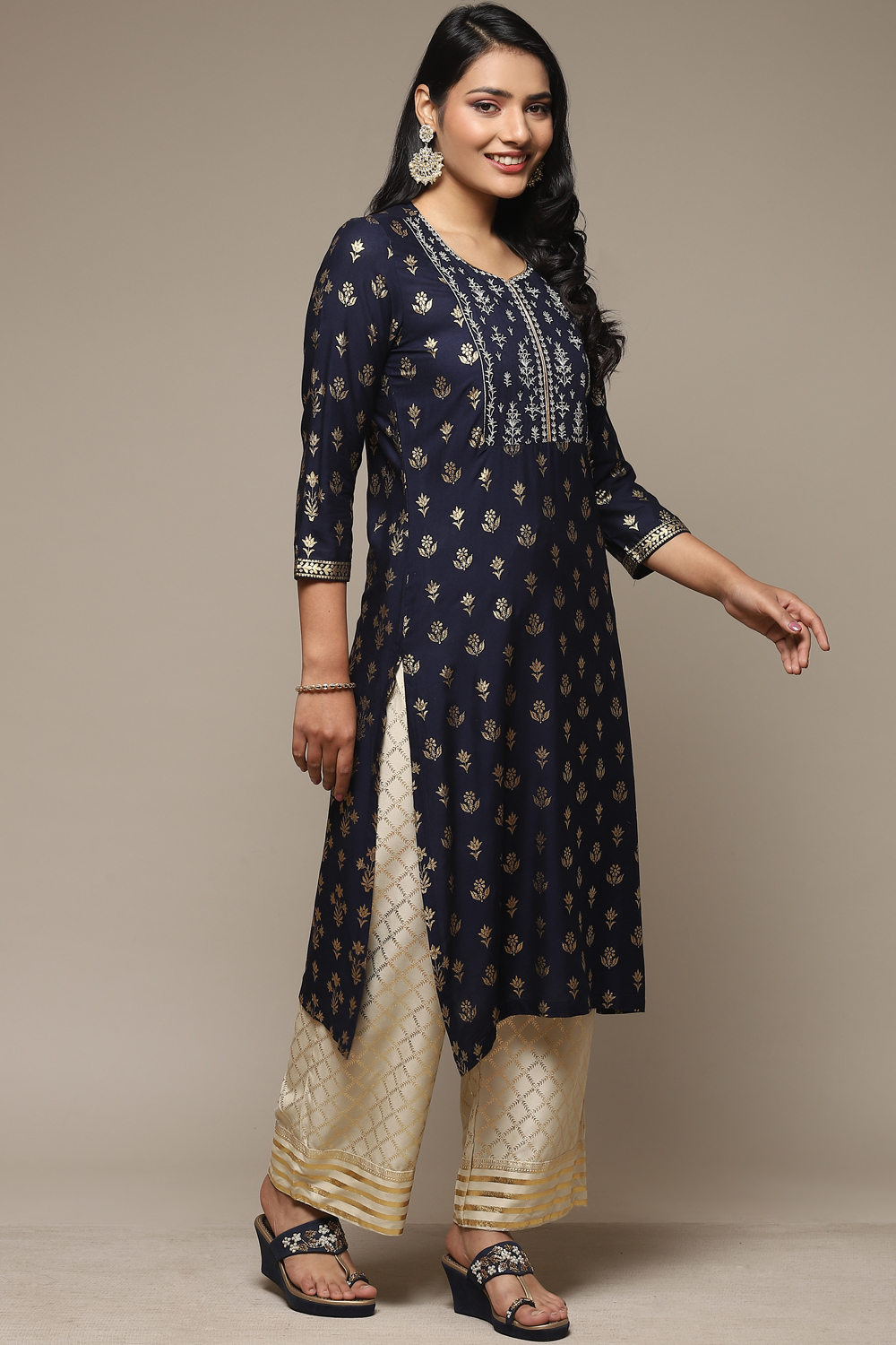 Navy Blue Rayon Straight Kurta Palazzo Suit Set image number 5