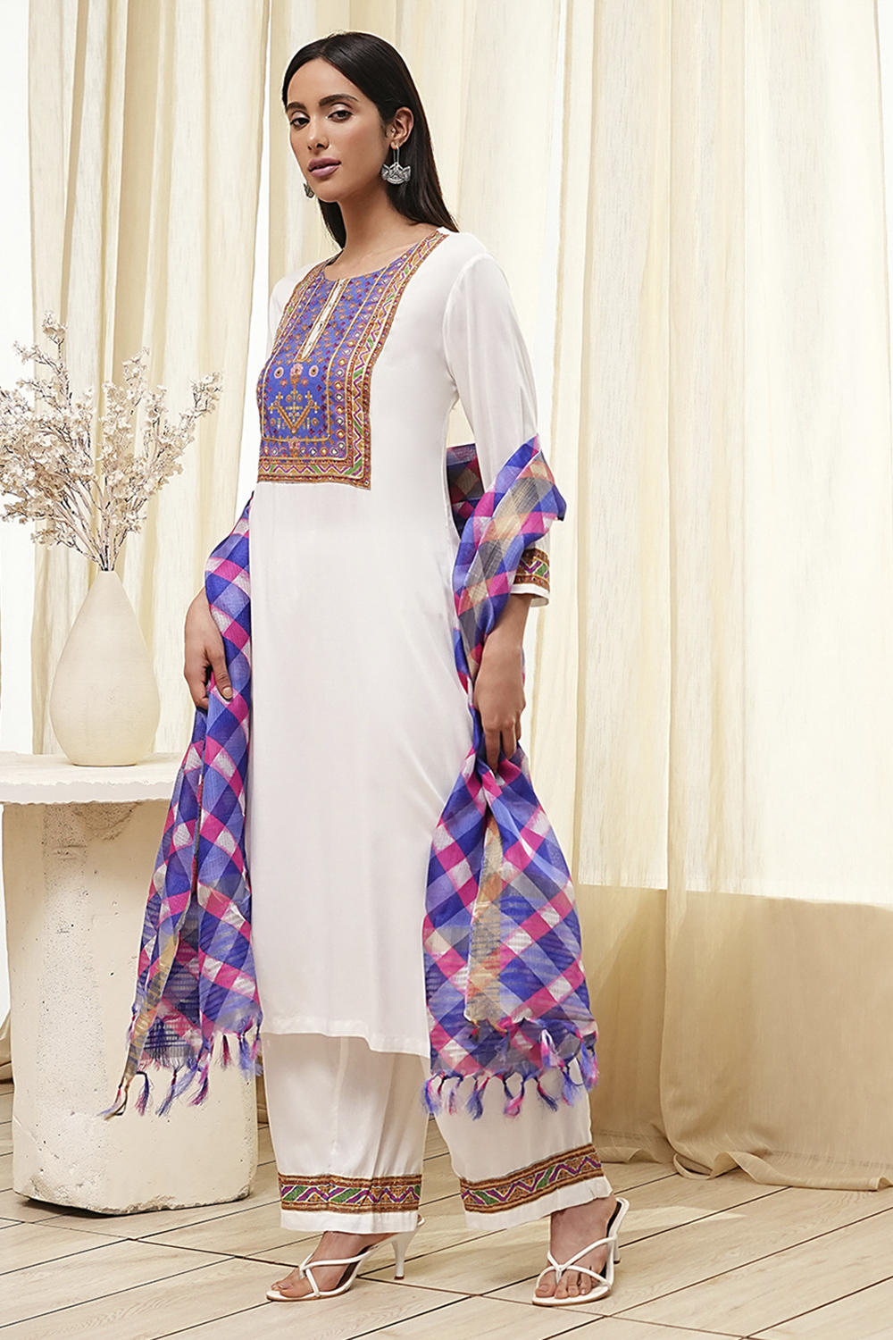 Off White & Blue Rayon Straight Kurta Palazzo Suit Set image number 3