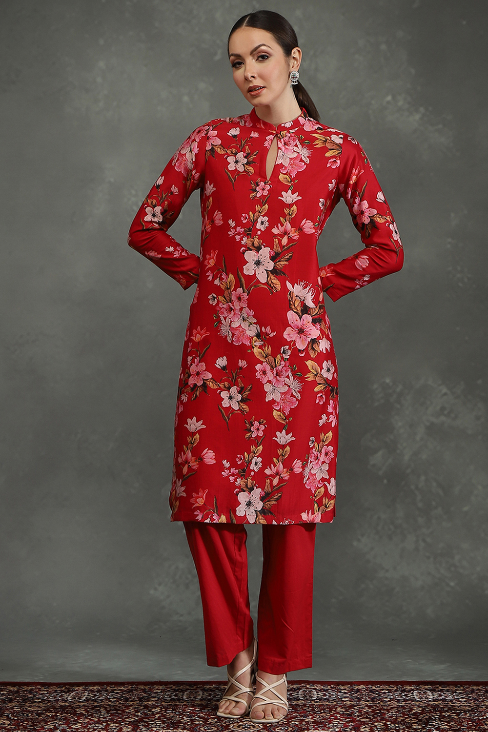 Rohit Bal Red Silk Chanderi Floral Printed Straight Kurta Set image number 6