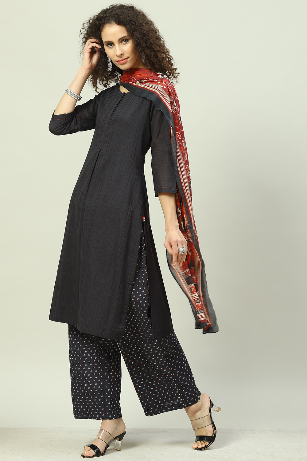 Black Cotton Straight Kurta Palazzo Suit Set image number 5