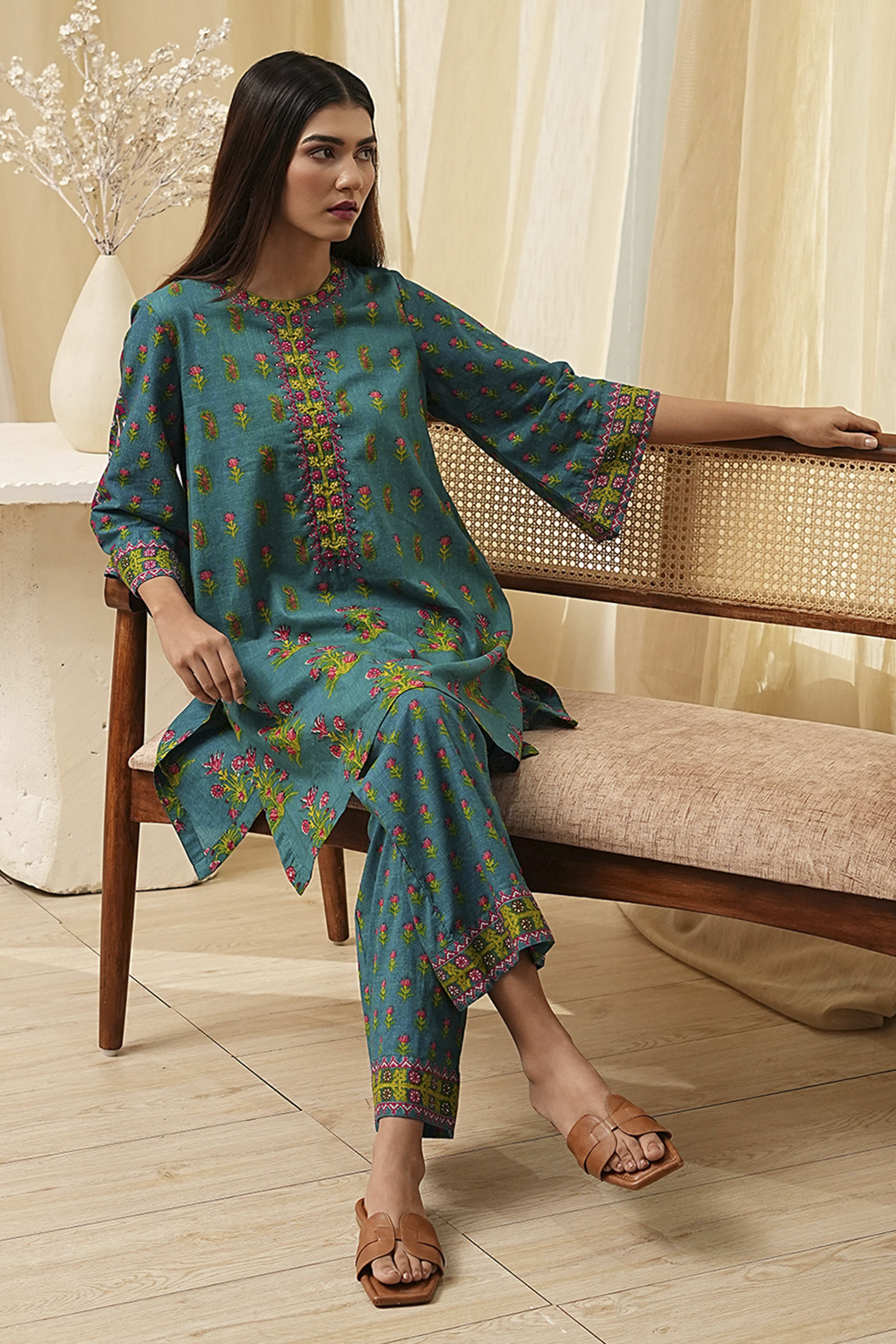 Teal Cotton Printed Straight Kurta Set image number 1