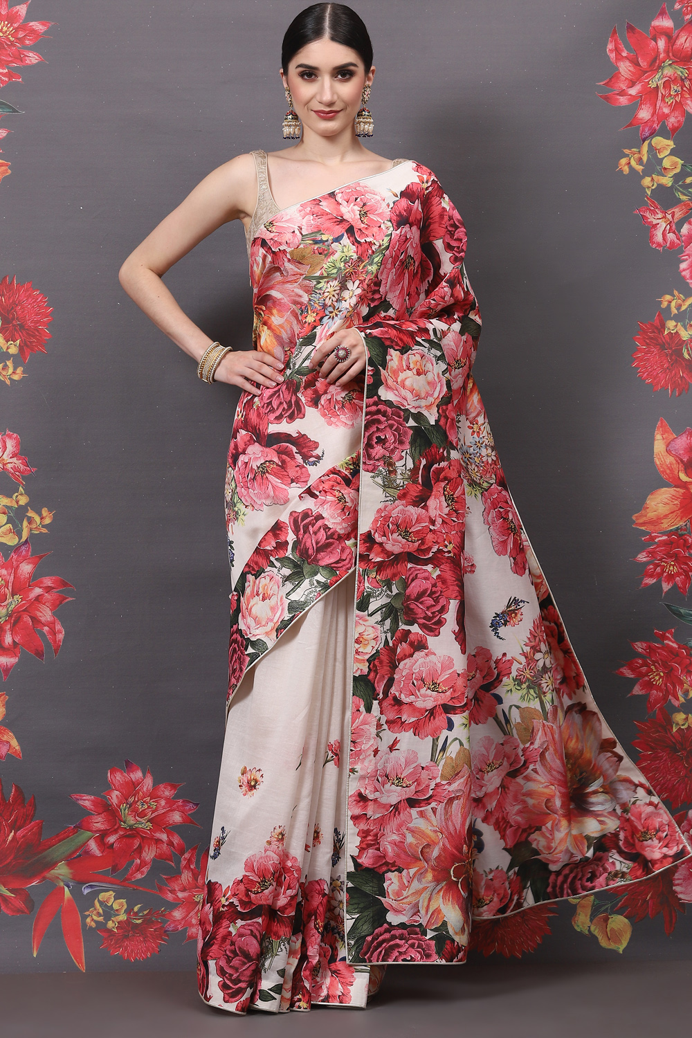 Rohit Bal Off White Cotton Silk Printed Saree image number 3