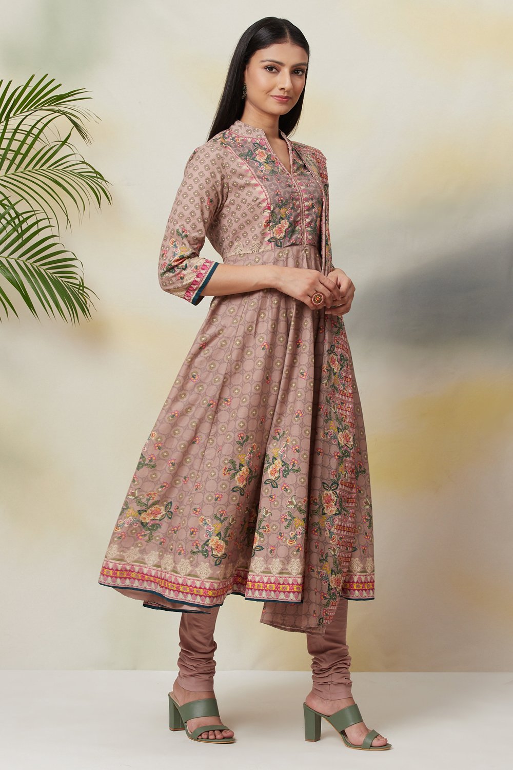 Mouse Grey Cotton Anarkali Kurta Churidar Suit Set image number 6