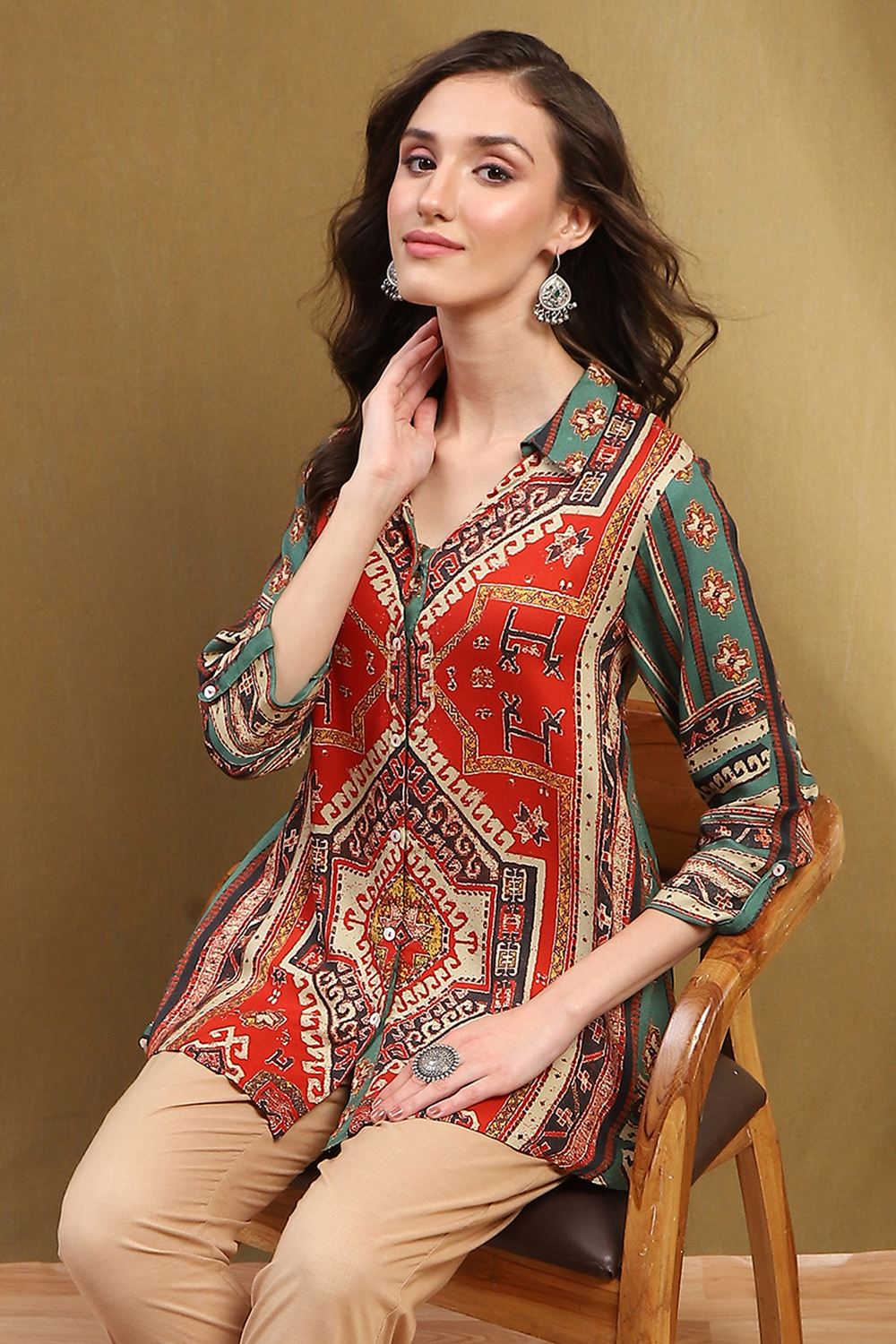 Rust and Green Block Printed Shirt Style Short Kurta image number 6