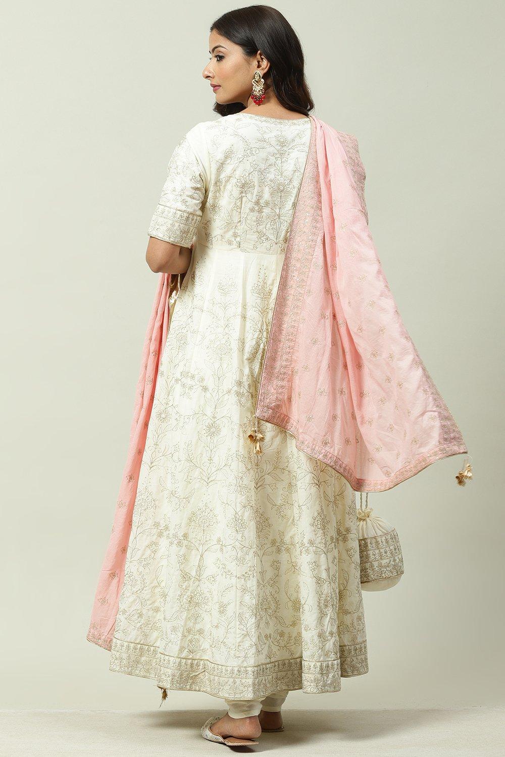 Off White Cotton Anarkali Kurta Churidar Suit Set image number 4