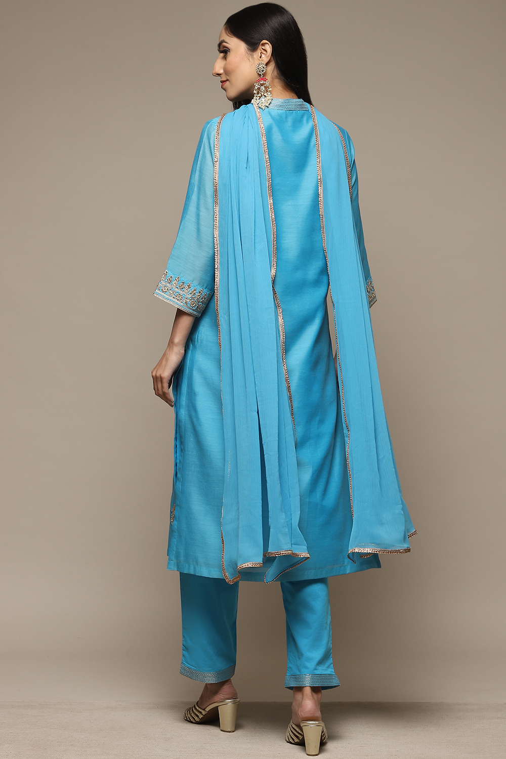 Electric Blue Cotton Blend Straight Kurta Pants Suit Set image number 4