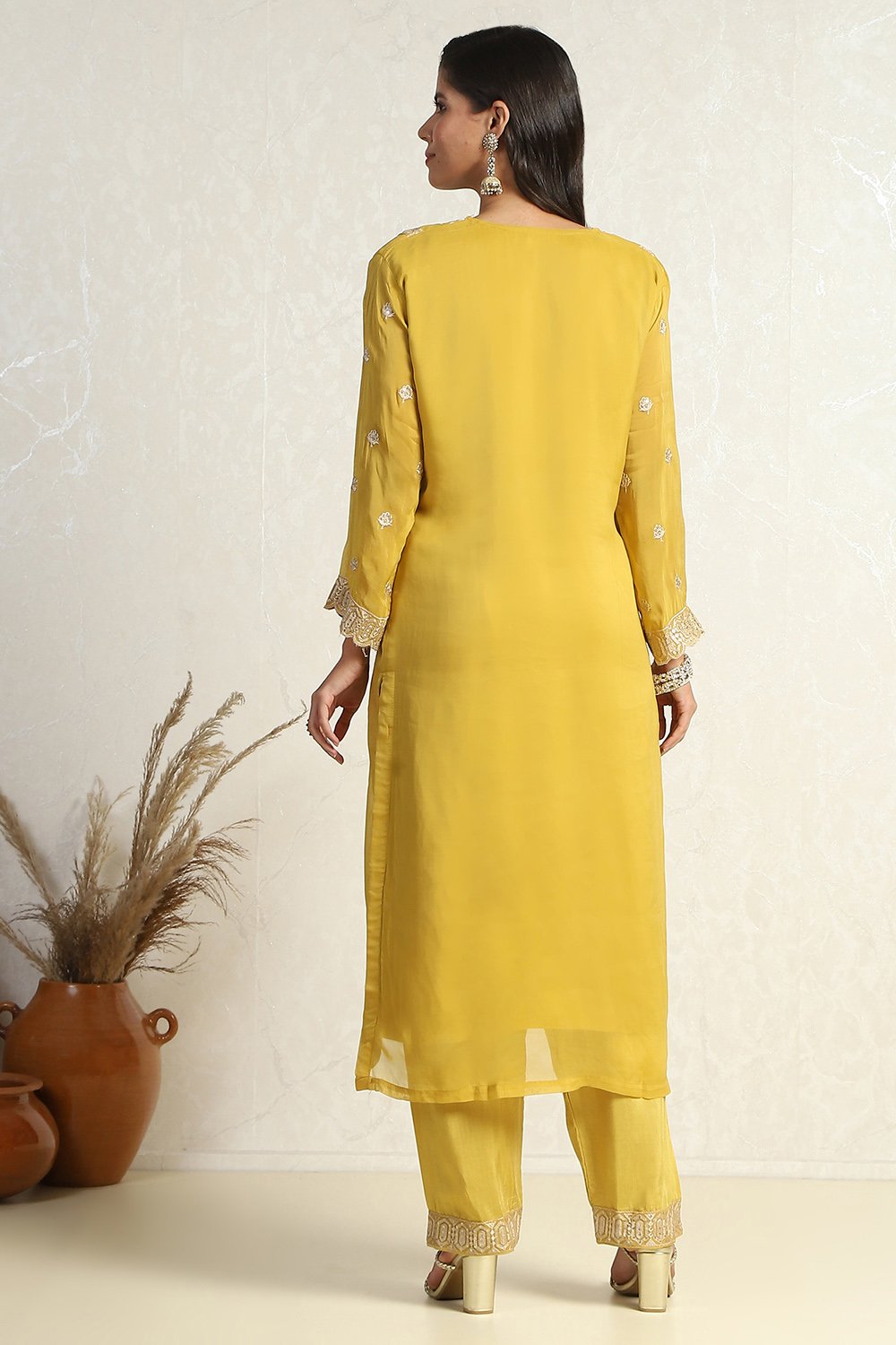 Mustard Organza Machine Embroidered Unstitched Suit Set image number 5