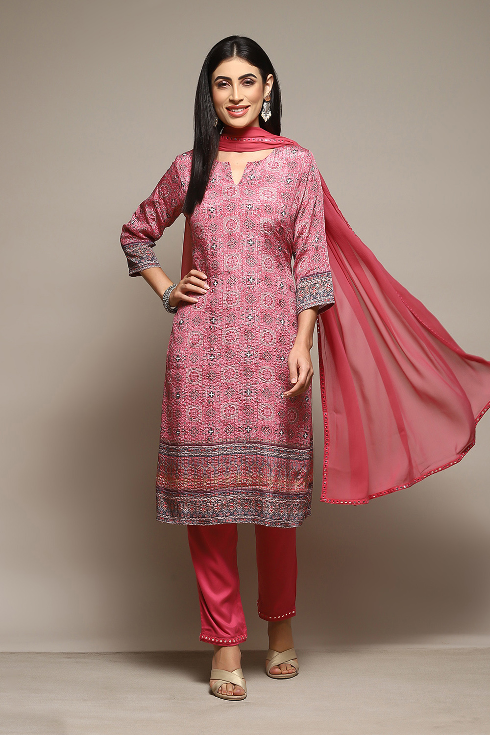 Pink Printed Straight Kurta & Pants Suit Set image number 0