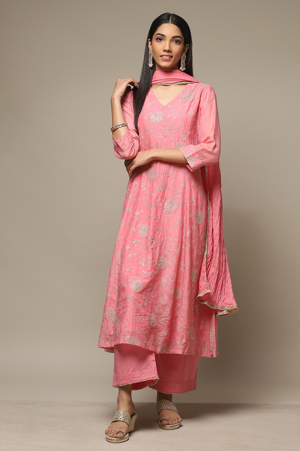 Pink Cotton Blend Kalidar Kurta Palazzo Suit Set image number 7