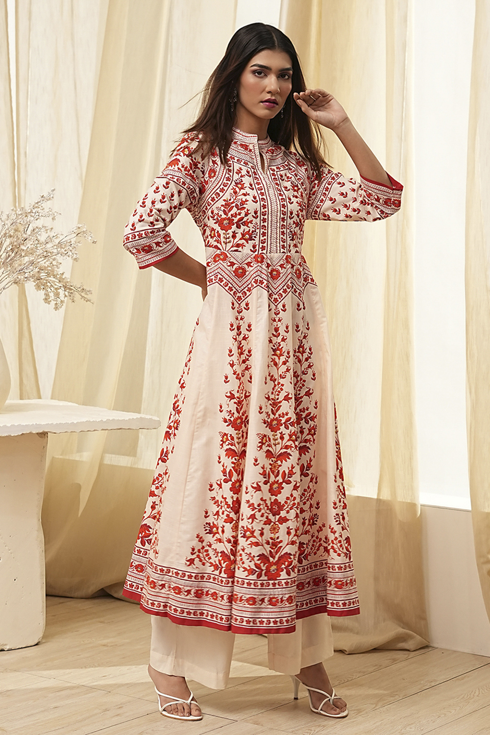 White and Rust Cotton Printed Anarkali Kurta Set image number 6