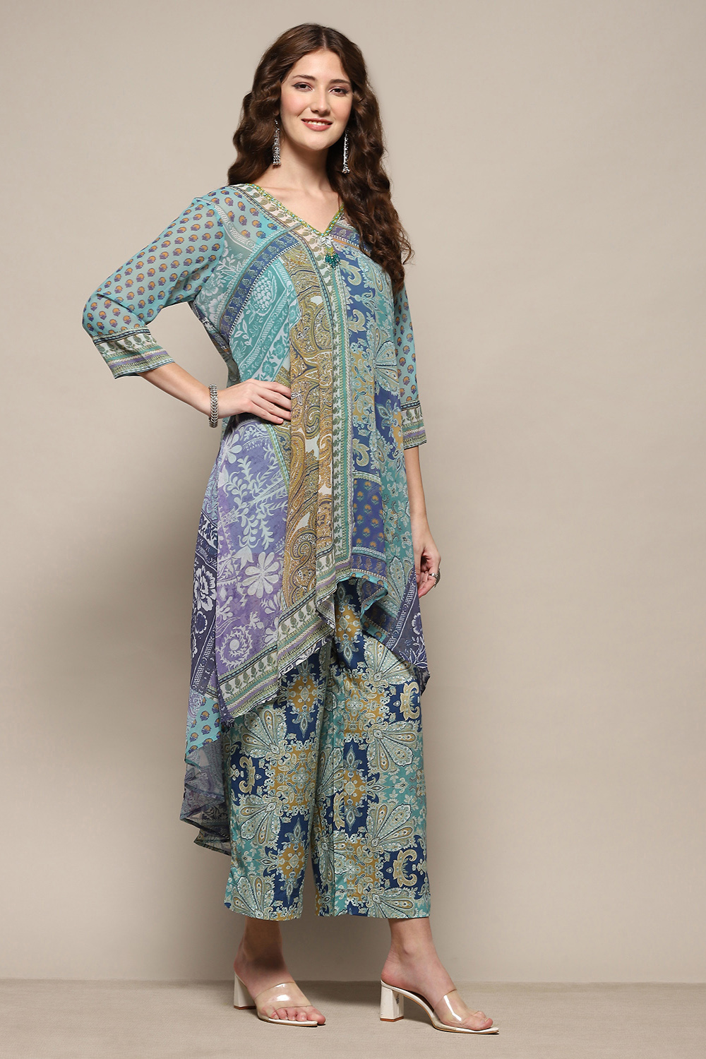 Yellow Printed Asymmetric Kurta & Palazzo Suit Set image number 5