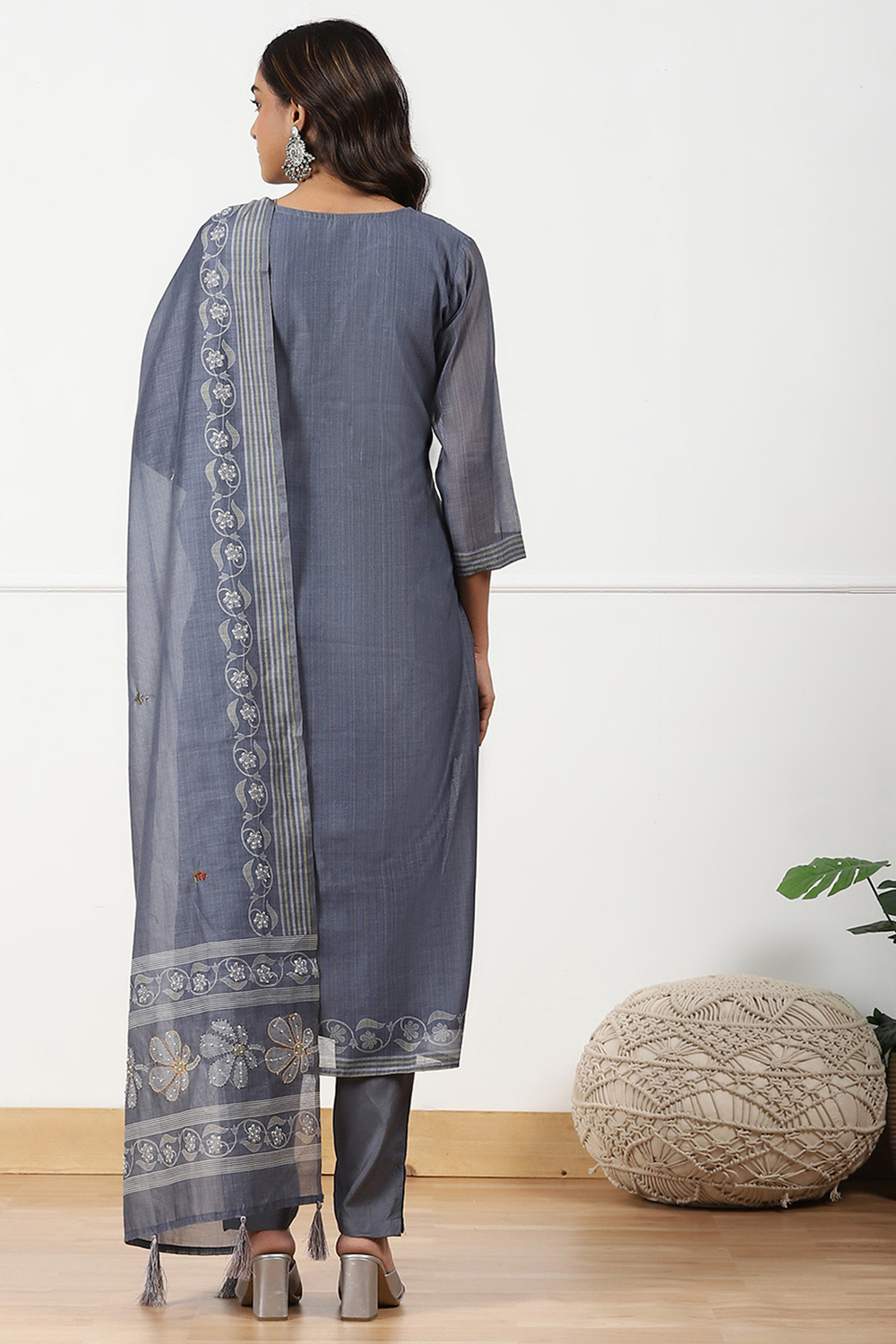 Grey Chanderi Hand Embroidered Unstitched Suit Set image number 3