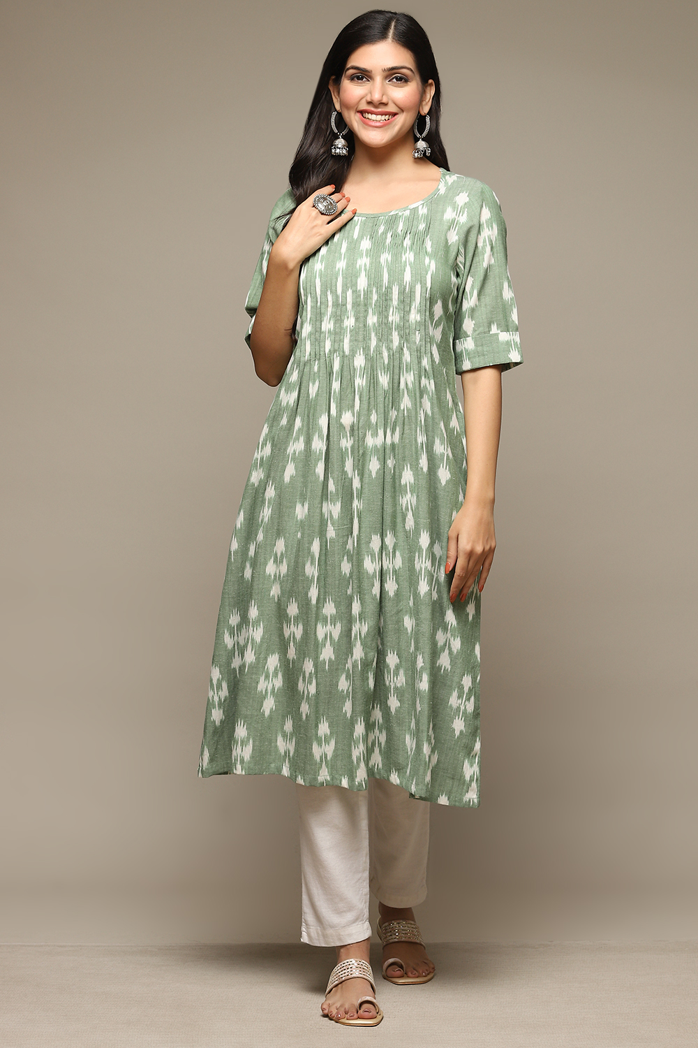 Khaki Green Cotton IKAT Straight Yarndyed Kurta