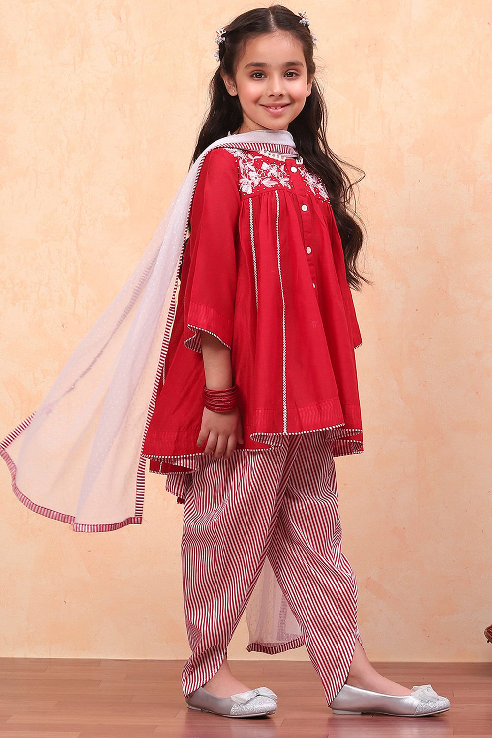 Red Poly Chanderi Kalidar Suit Set image number 5