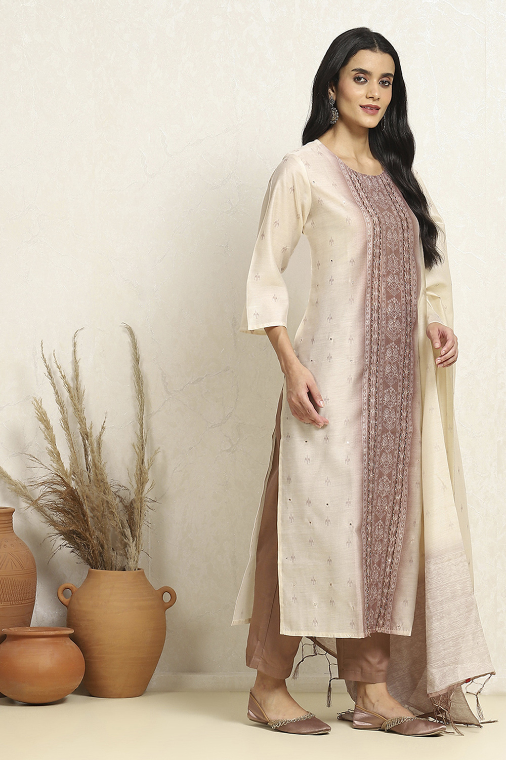 Grey and Off-White Chanderi Woven Unstitched Suit Set image number 6