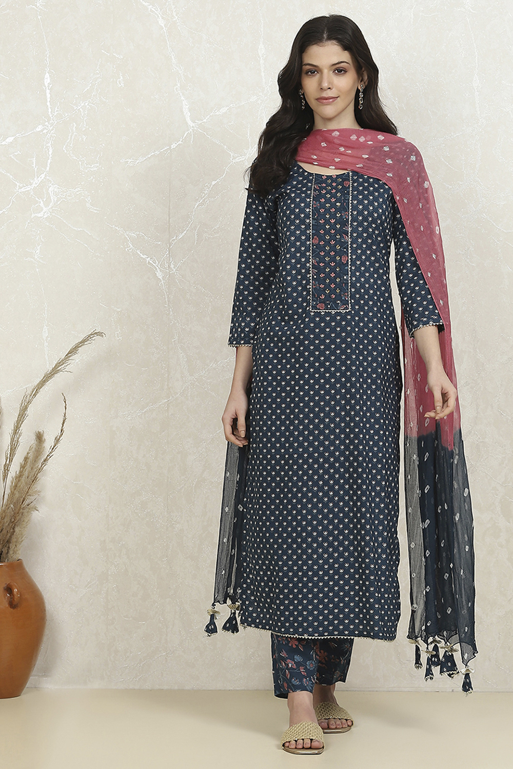 Navy Blue Cotton Printed Unstitched Suit Set image number 7