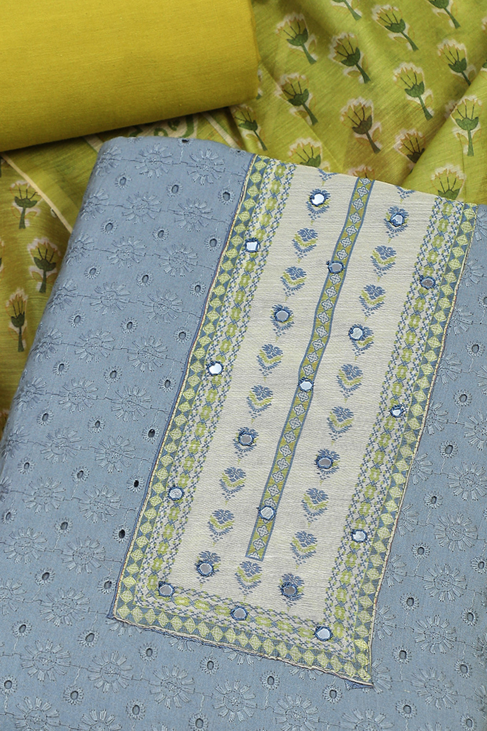 Aqua Cotton Handloom Unstitched Suit Set image number 1