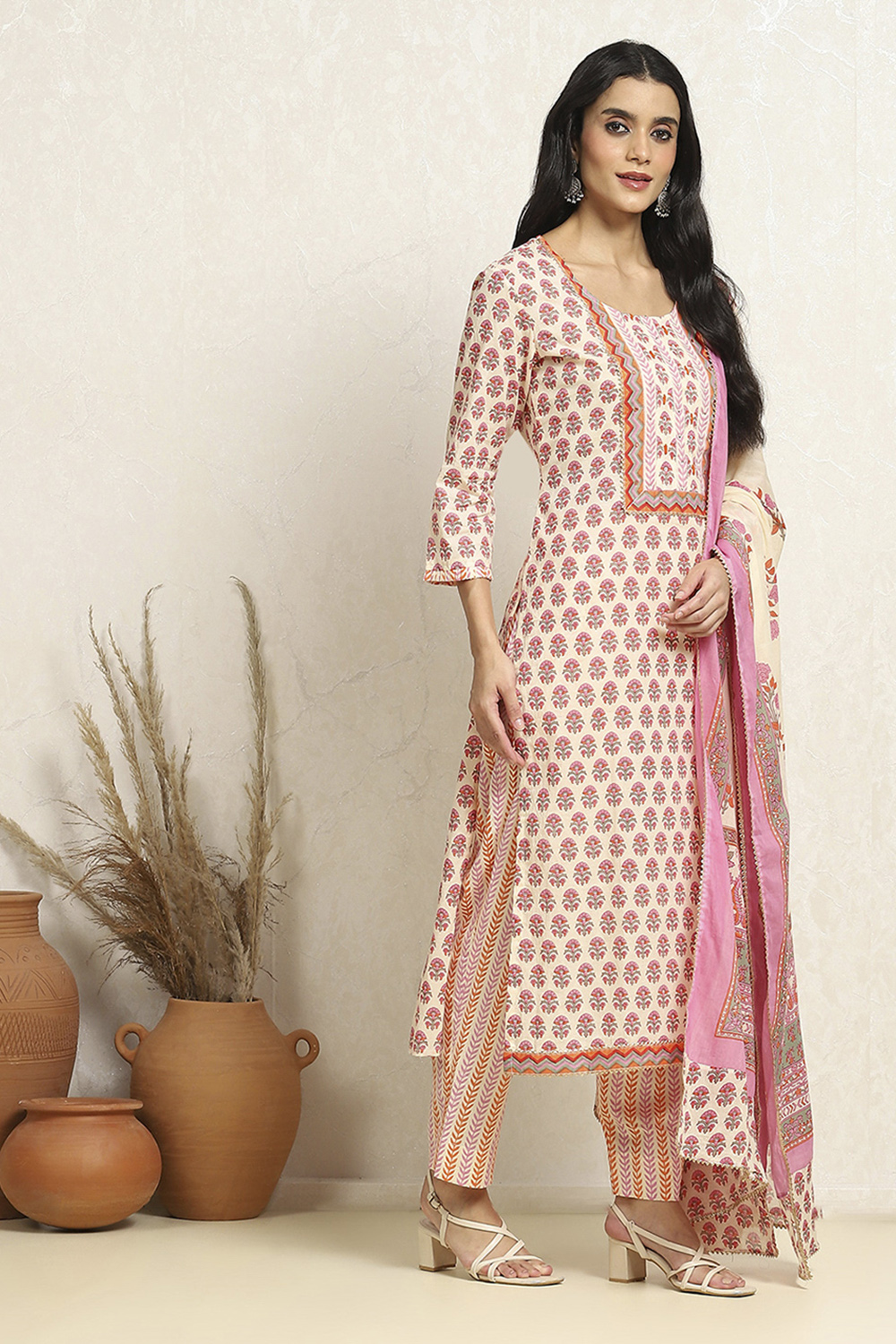 White and Pink Cotton Printed Unstitched Suit Set image number 6