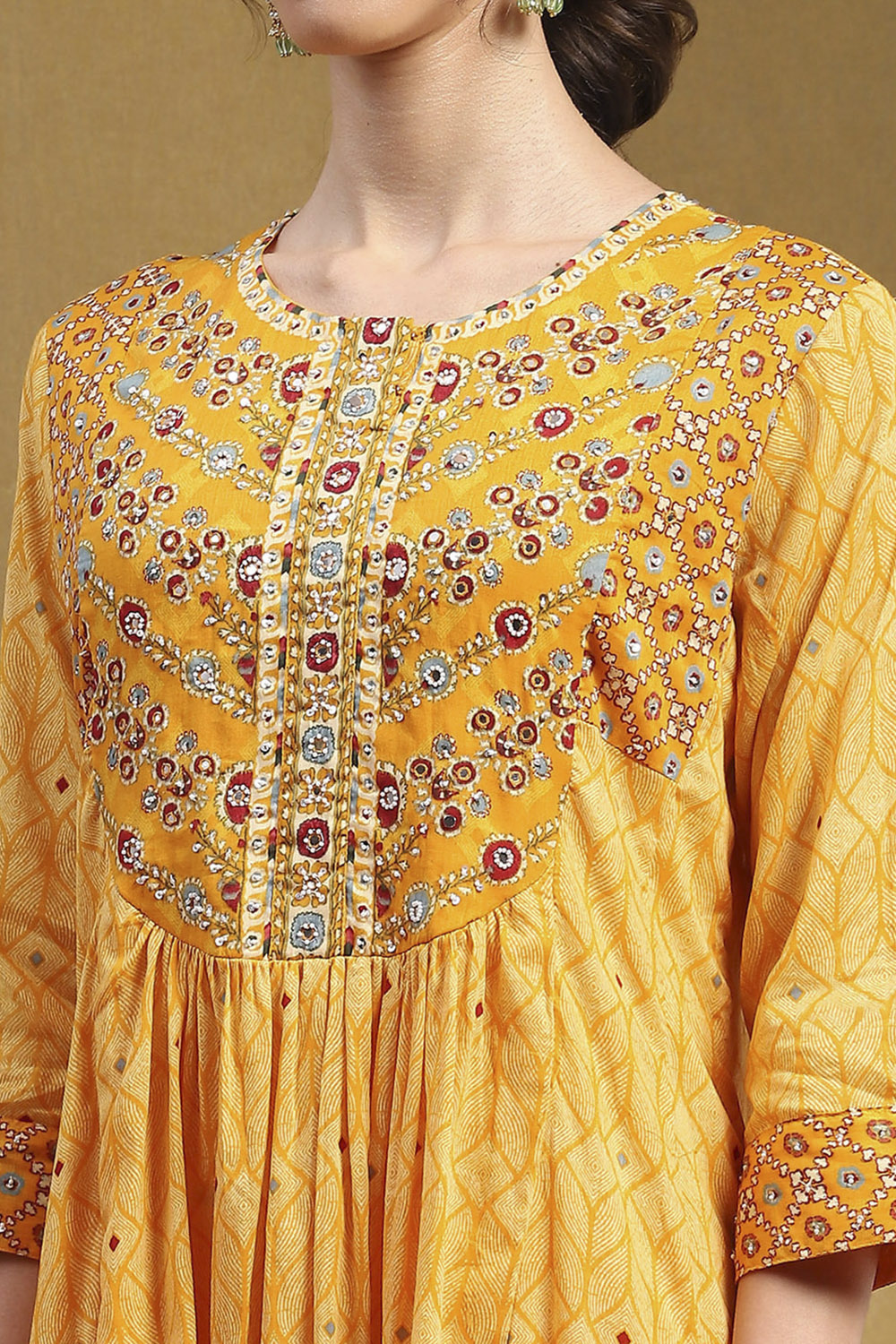 Mustard Yellow Cotton Printed Flared Festive Suit Set image number 1