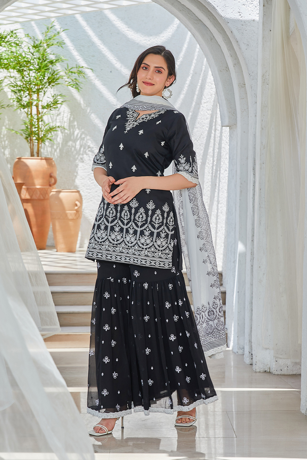 Black Embroidered Straight Kurti & Garara Suit Set image number 3